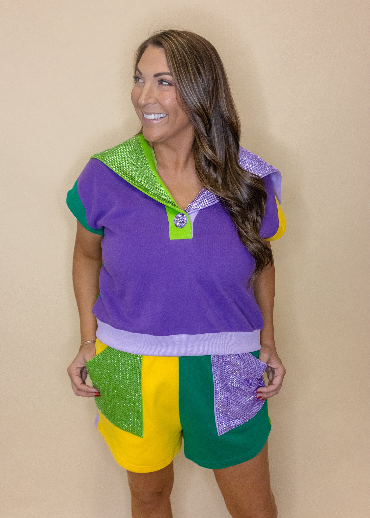 Mardi Gras Colorblock Rhinestone Pocket Shorts