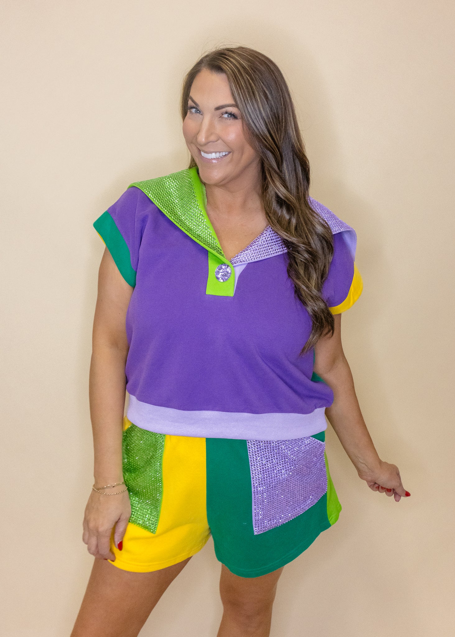 Mardi Gras Colorblock Rhinestone Pocket Shorts