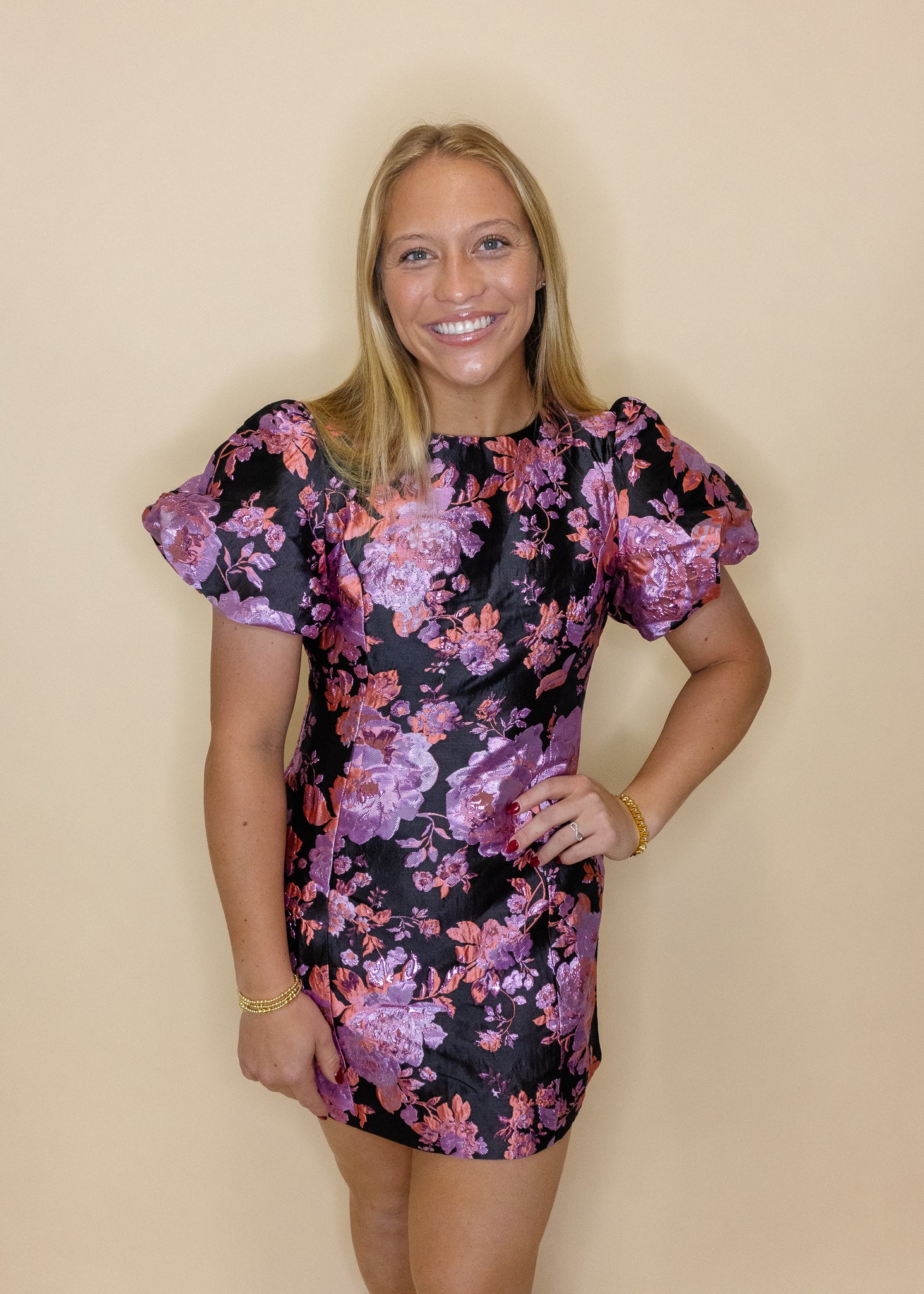 Purple Floral Jacquard Puff Dress