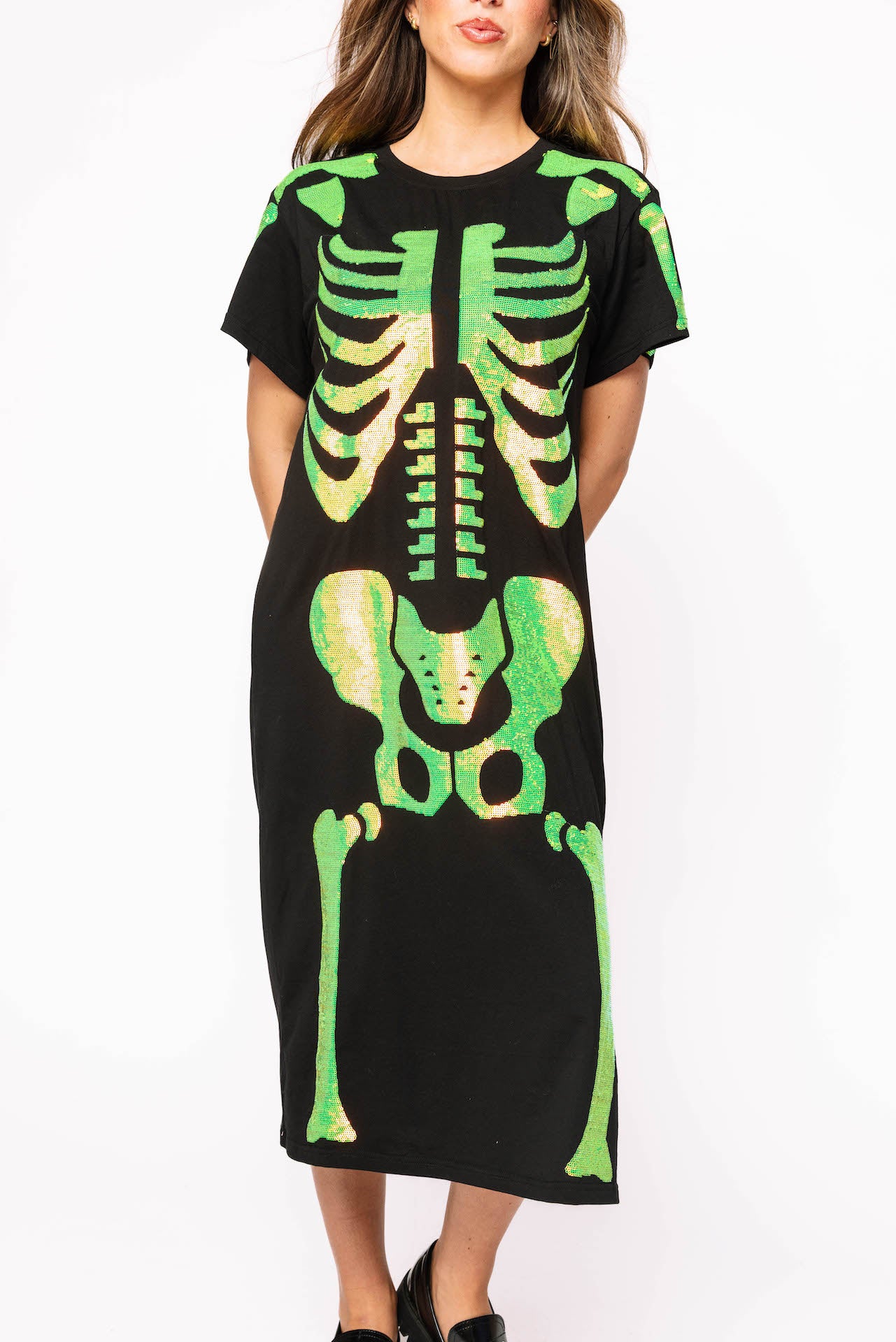 Black & Iridescent Green Skeleton Body Midi Tee Dress