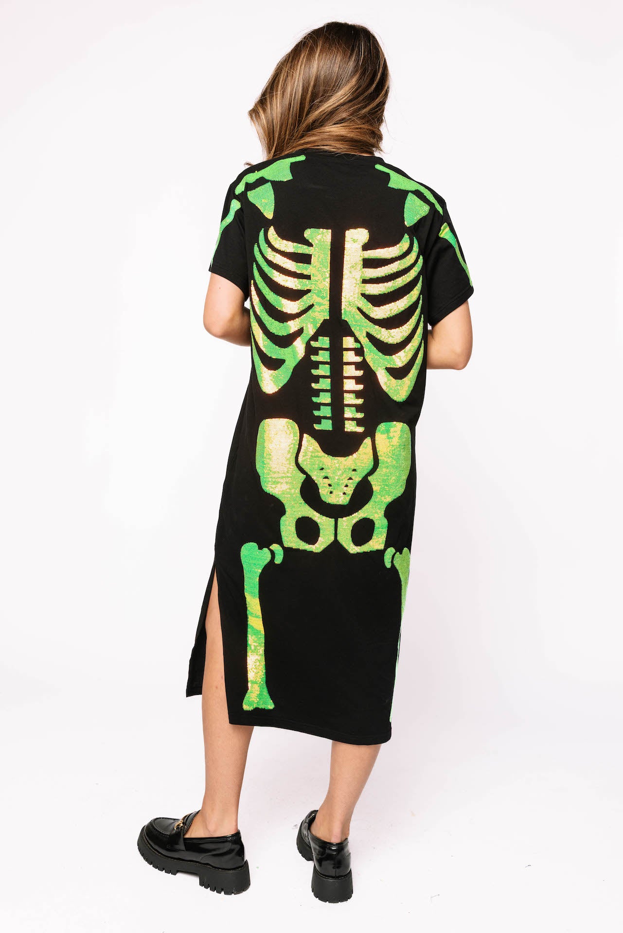 Black & Iridescent Green Skeleton Body Midi Tee Dress