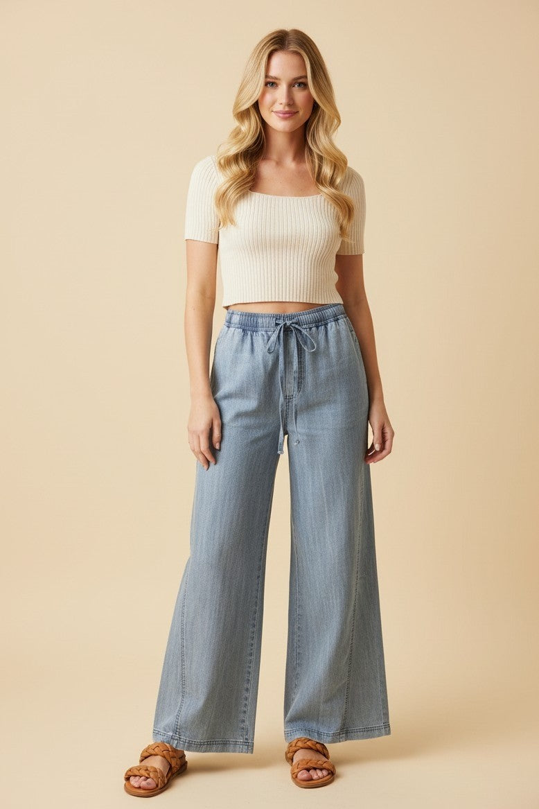 Denim Elastic Waist Drawstring Wide Leg Pants