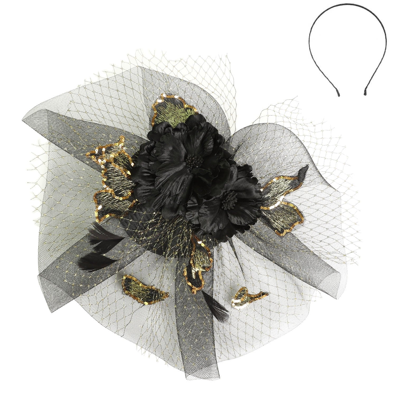 Floral Feather Veil Sequin Fascinator