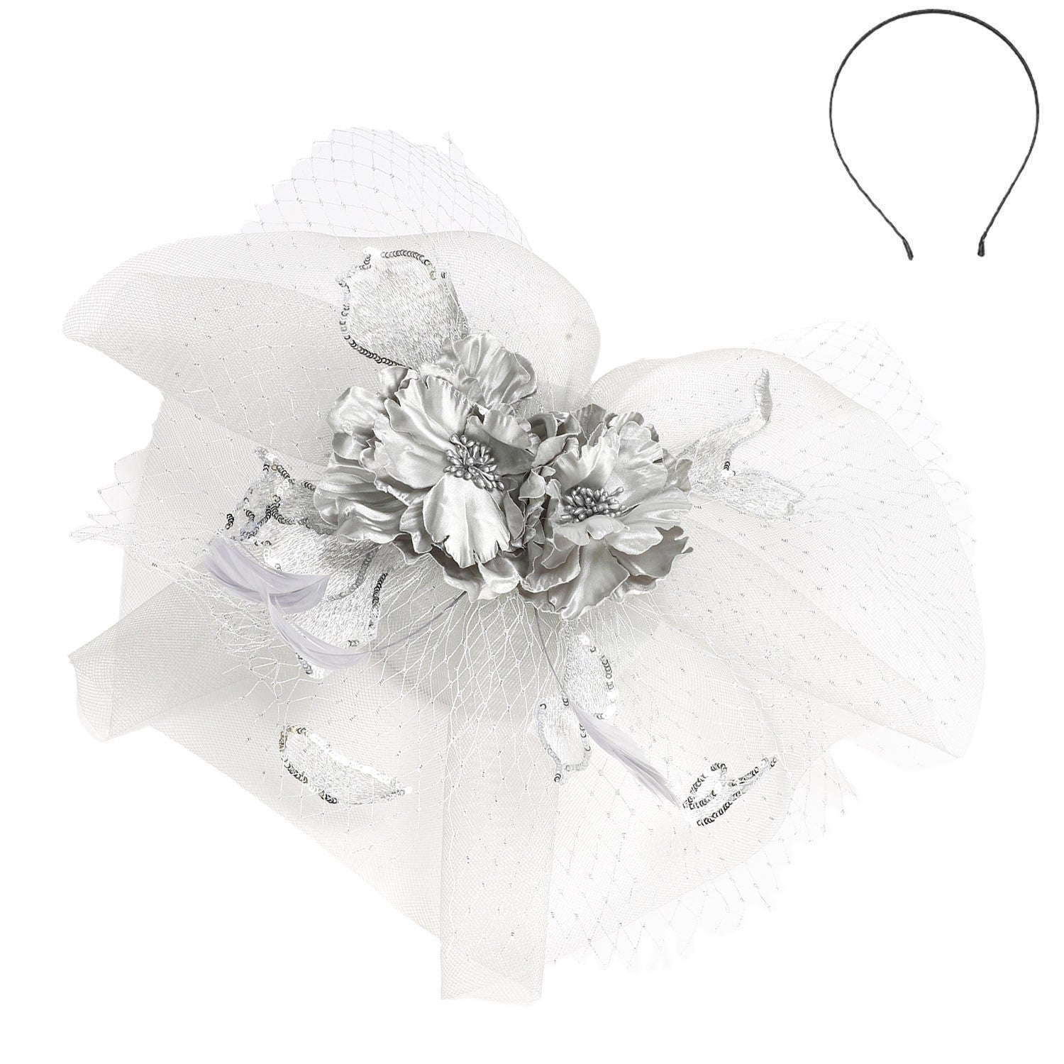 Floral Feather Veil Sequin Fascinator