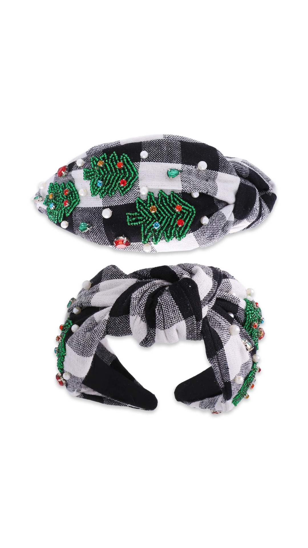 Christmas Tree Gingham Jeweled Top Knot Headband