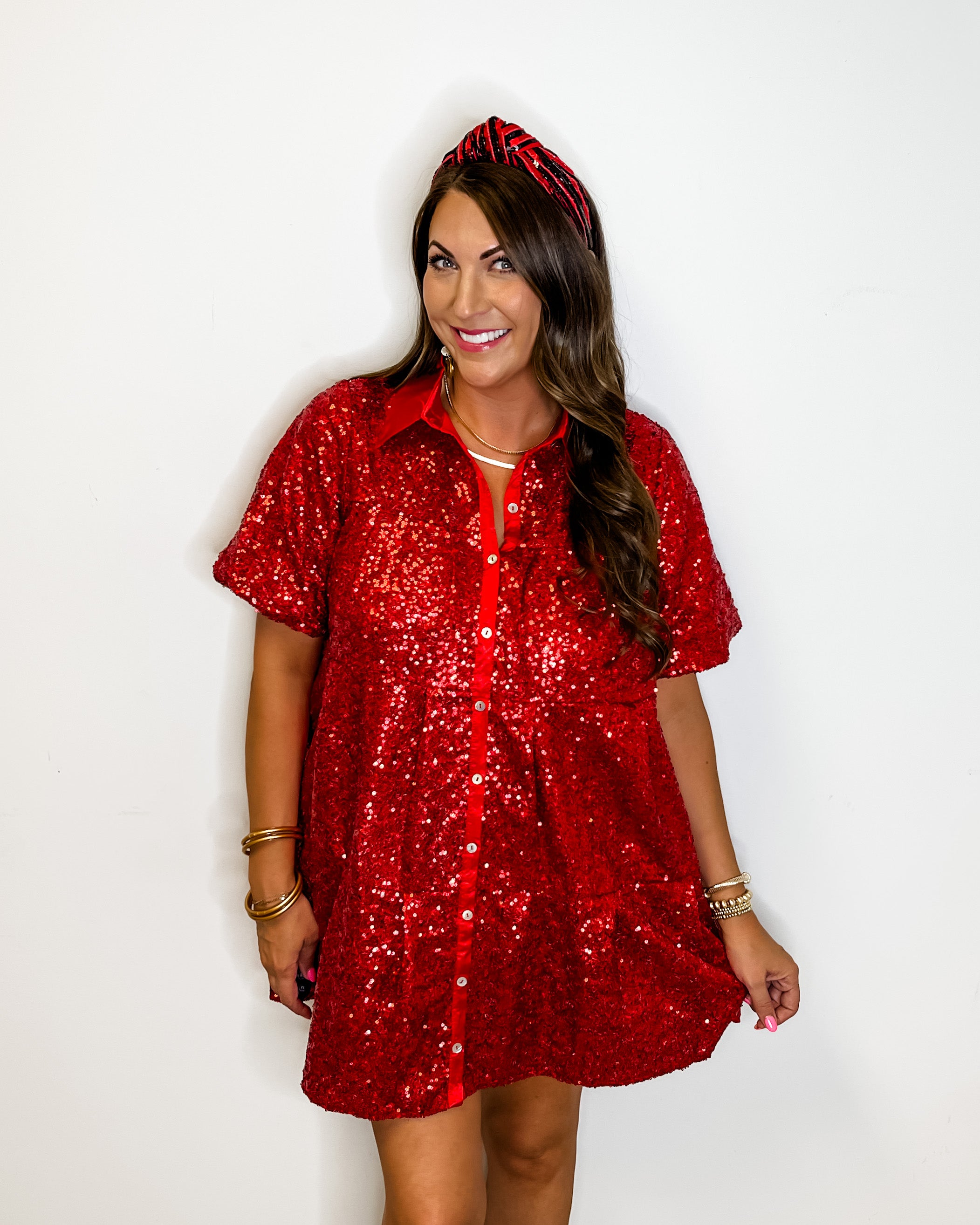 Red Sequin Button Dress