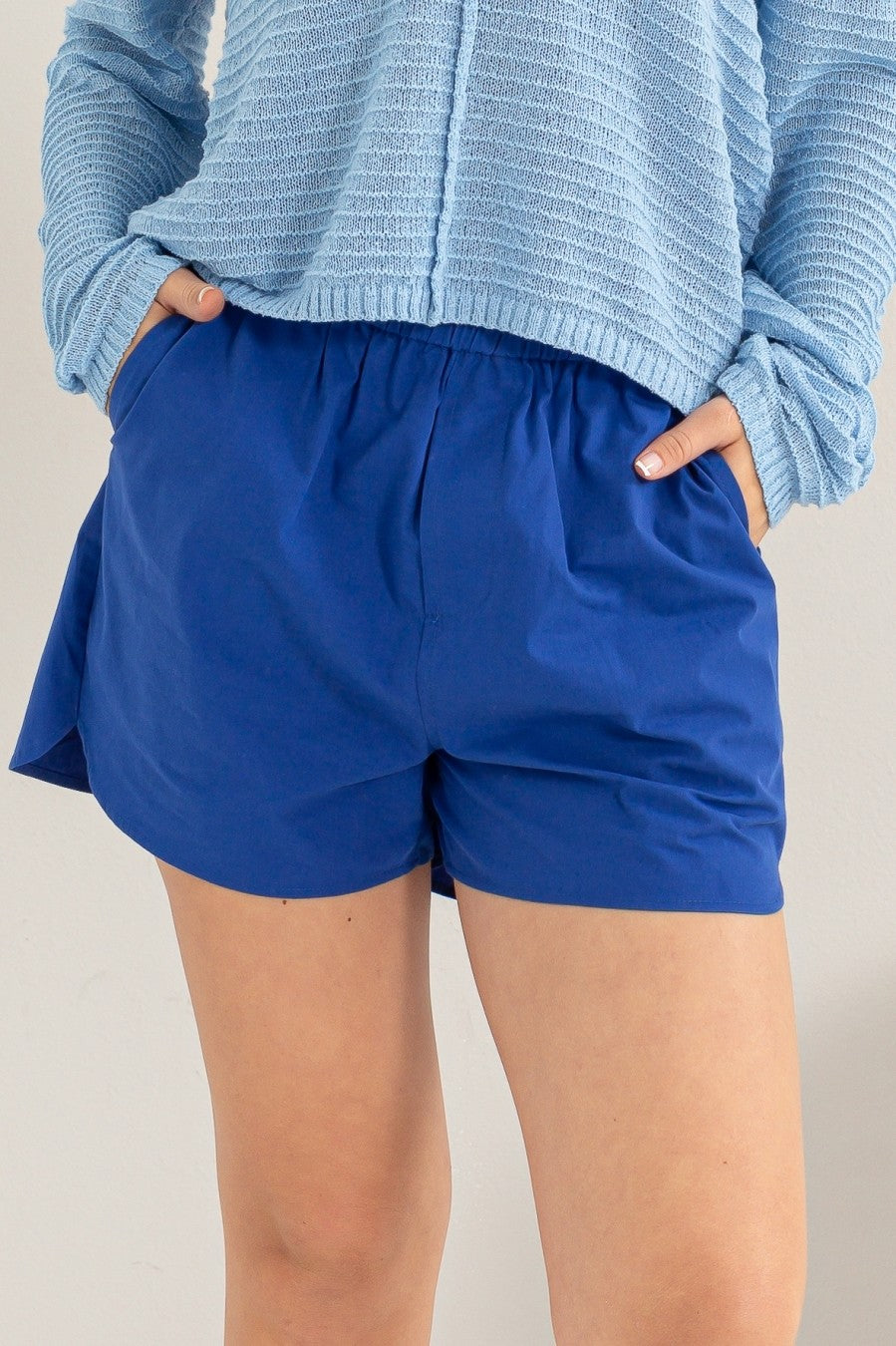 Blue Poplin Smock Waist Shorts