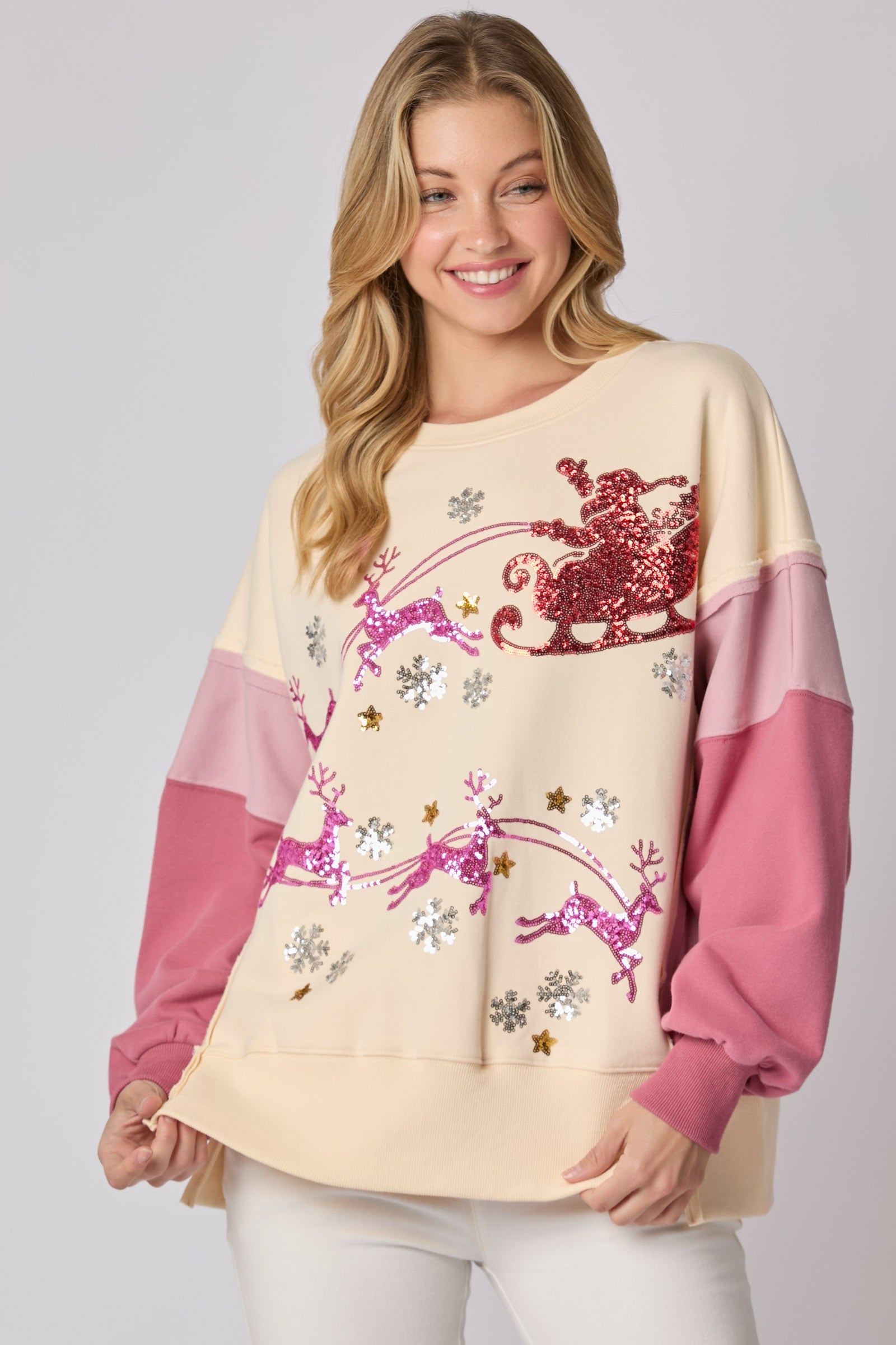 Colorblock Sequin Santa Sleigh Sweatshirt