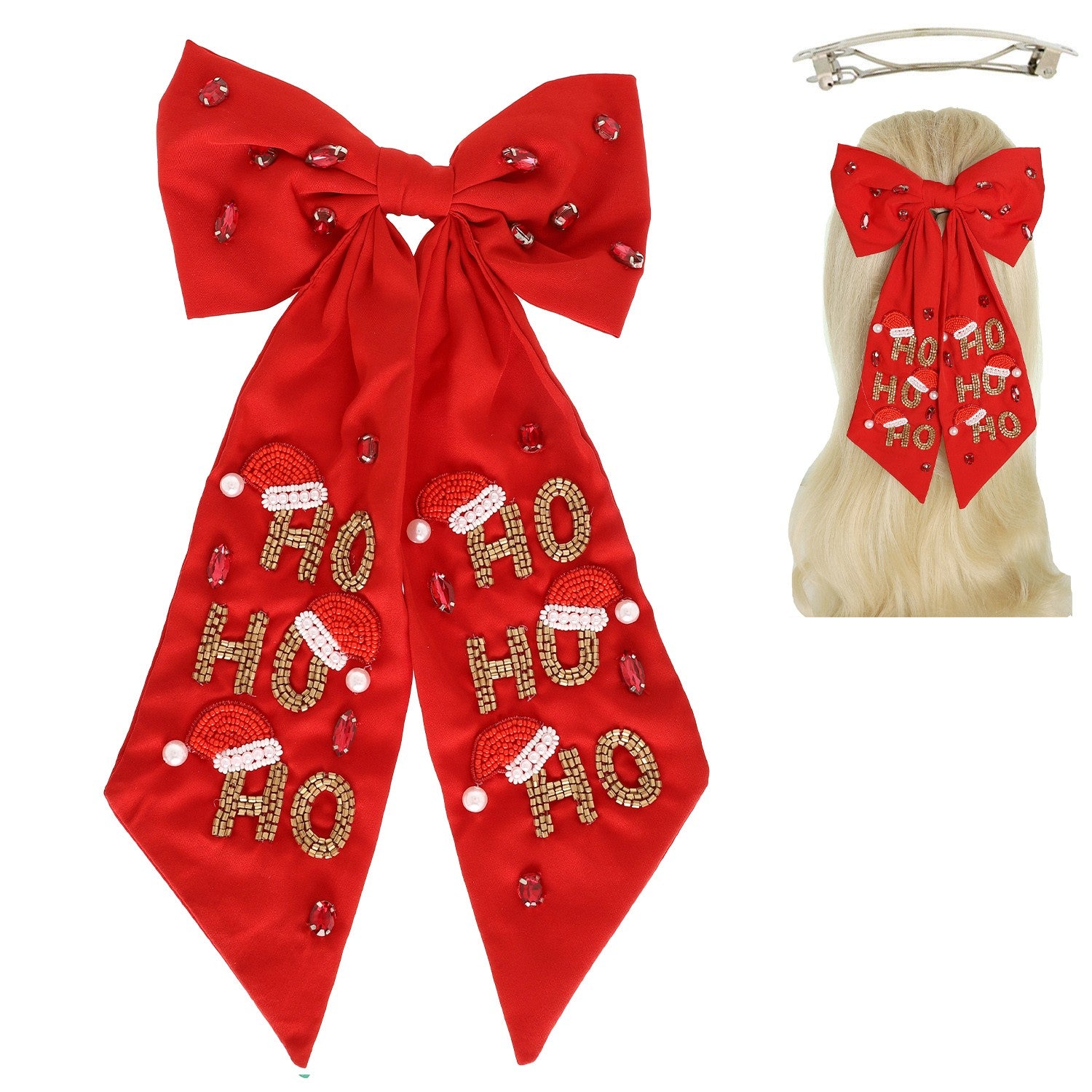 Ho Ho Ho Rhinestone Bow Barrette