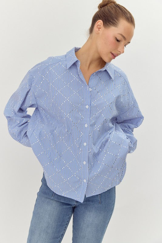 Blue Stripe Rhinestone Button Top