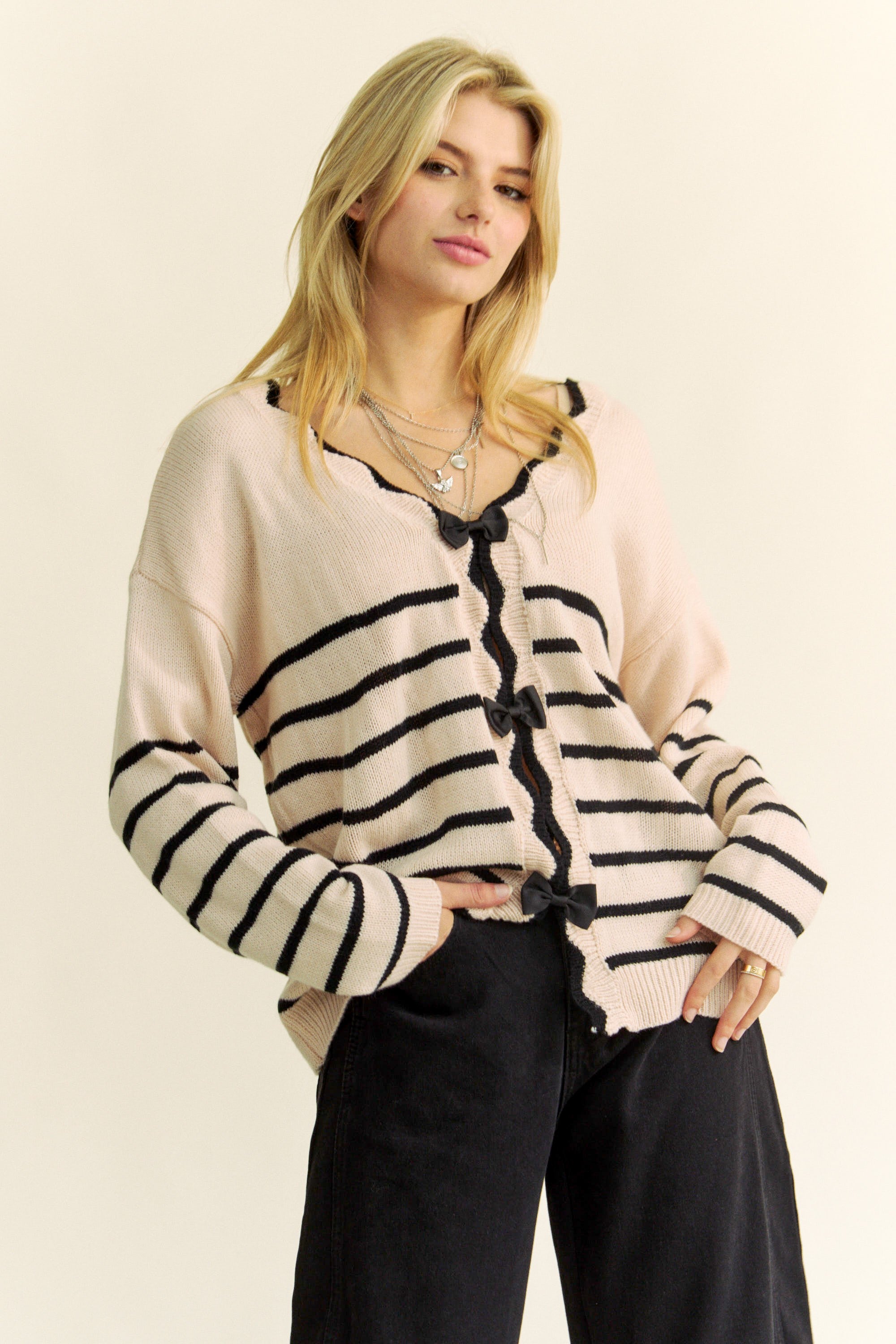 Cream Stripe Bow Sweater