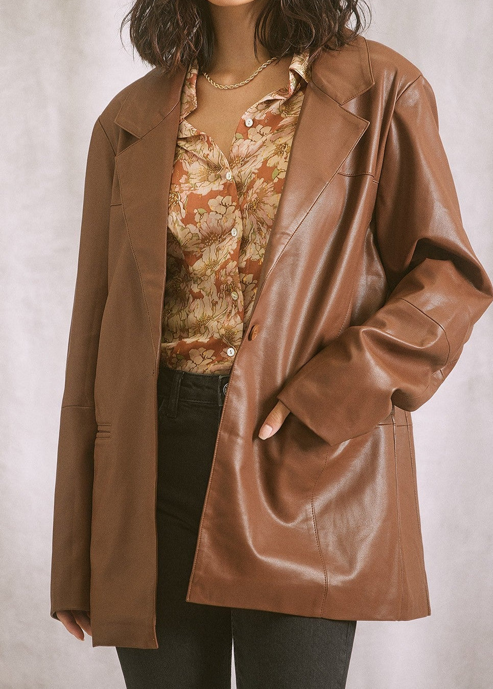 Brown Oversized Faux Leather Blazer