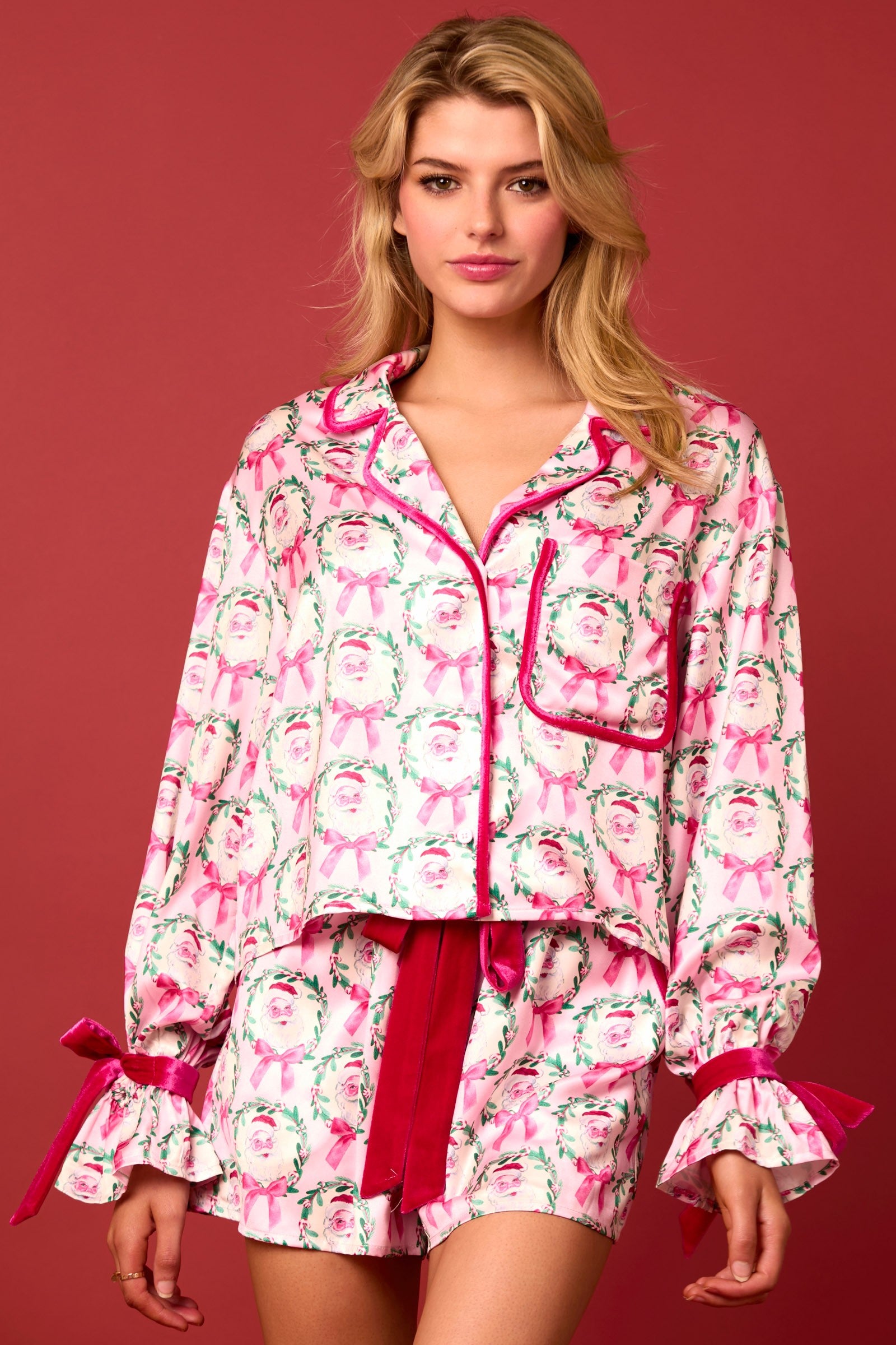 Pink Satin Santa Bow Pajamas