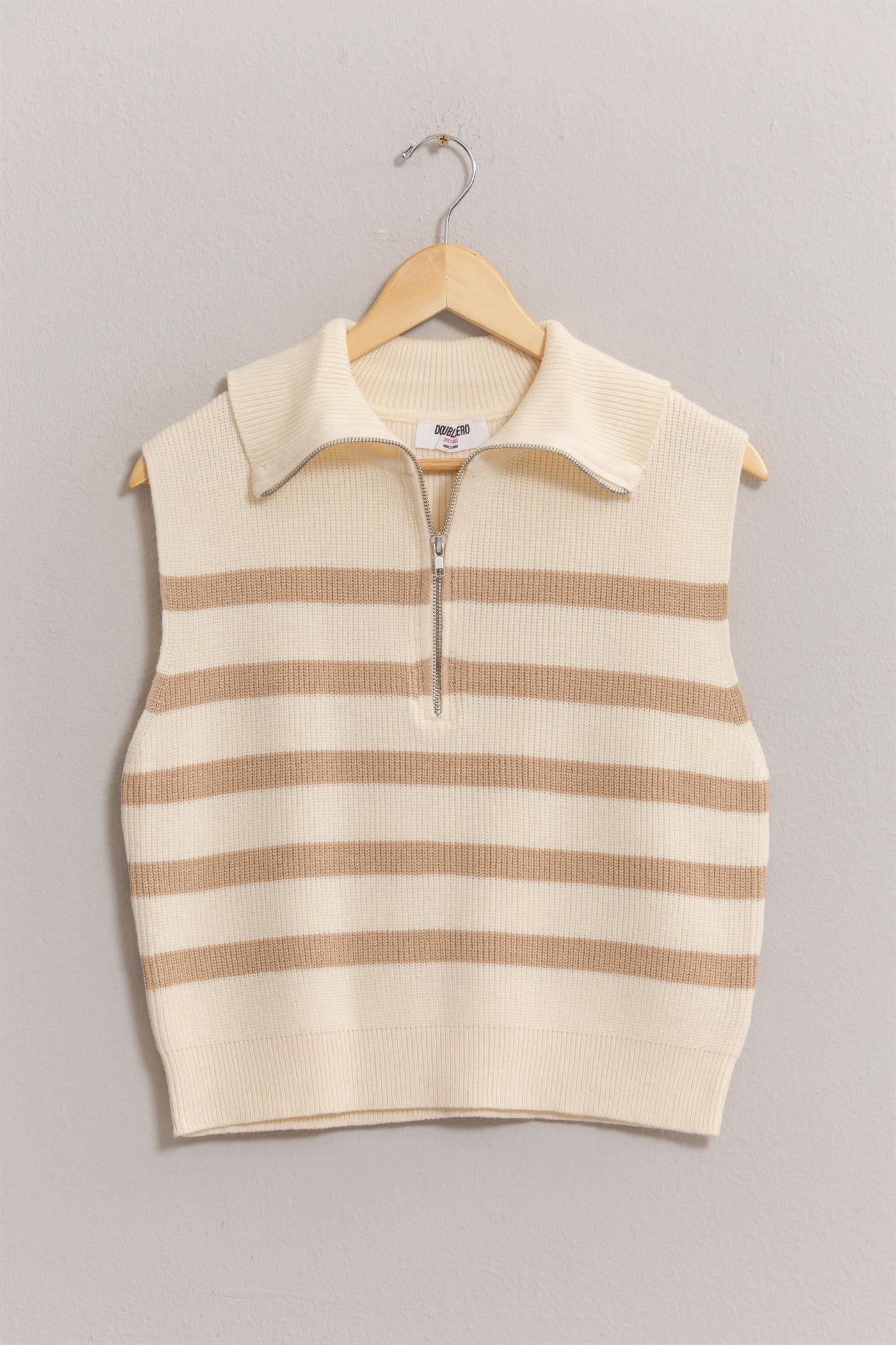 Cream Stripe Zip Crop Top