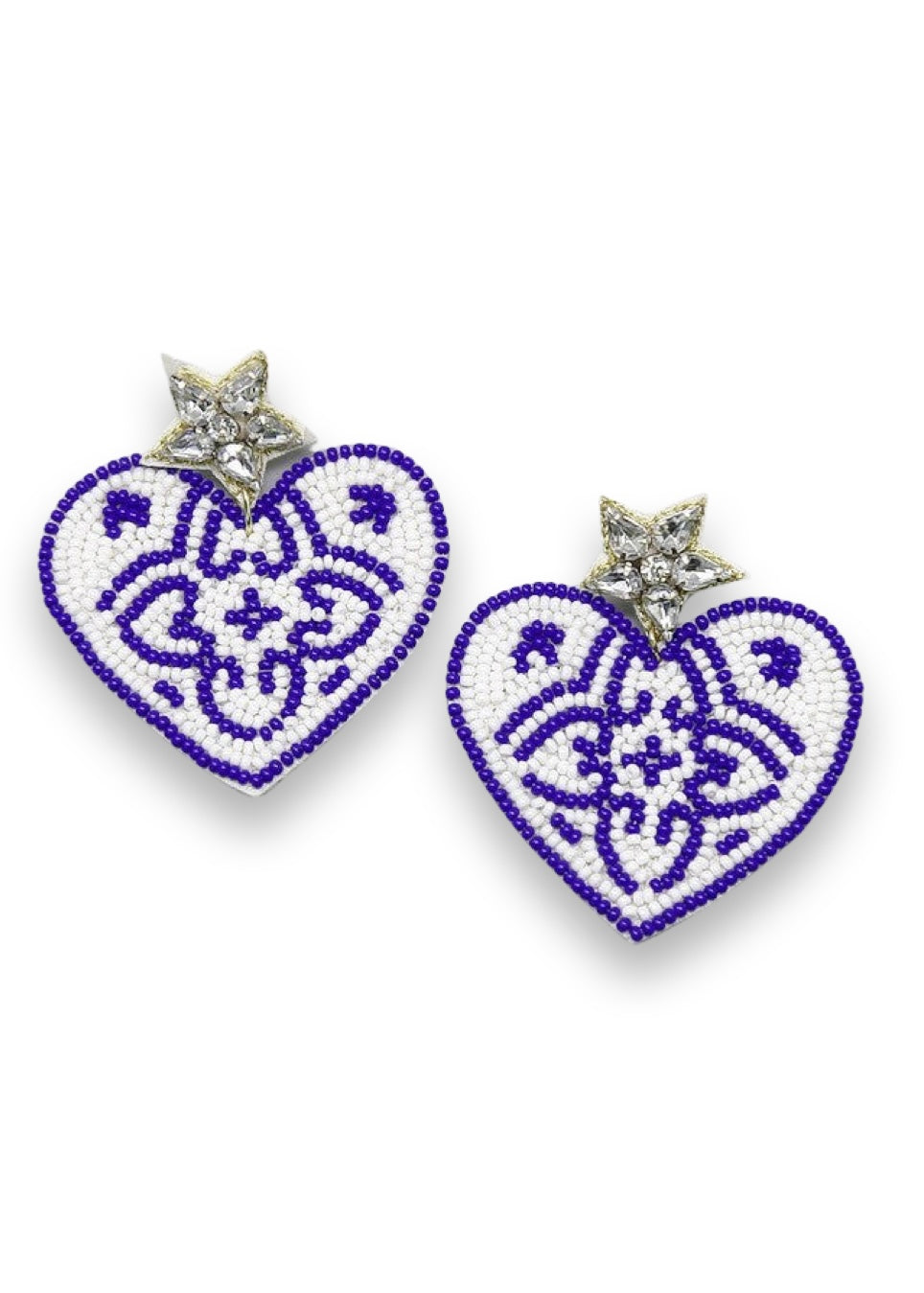 Blue Flower Pattern Heart Shape Bead Earrings