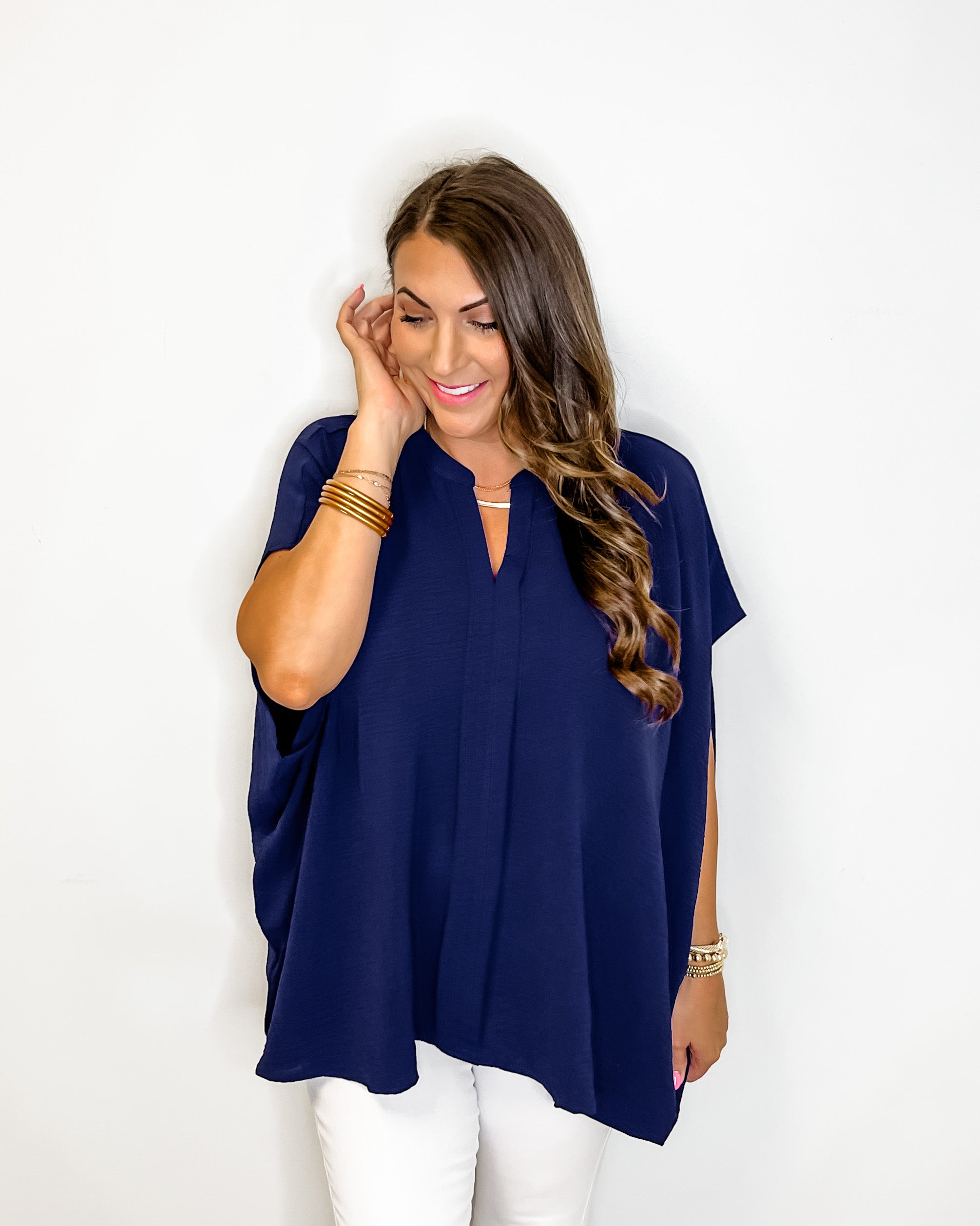 Navy Solid Flowy Top