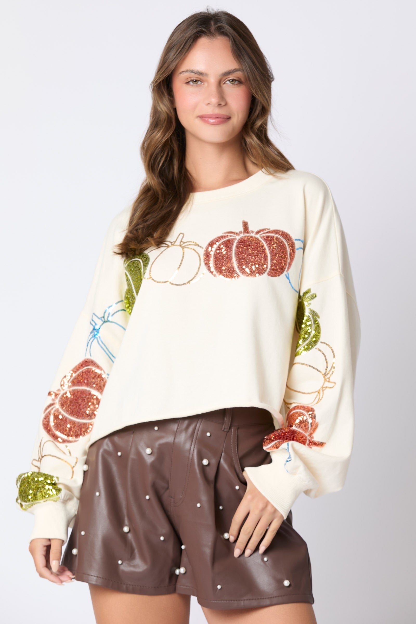 Cream Sequin Pumpkin Crop Sweatshirt