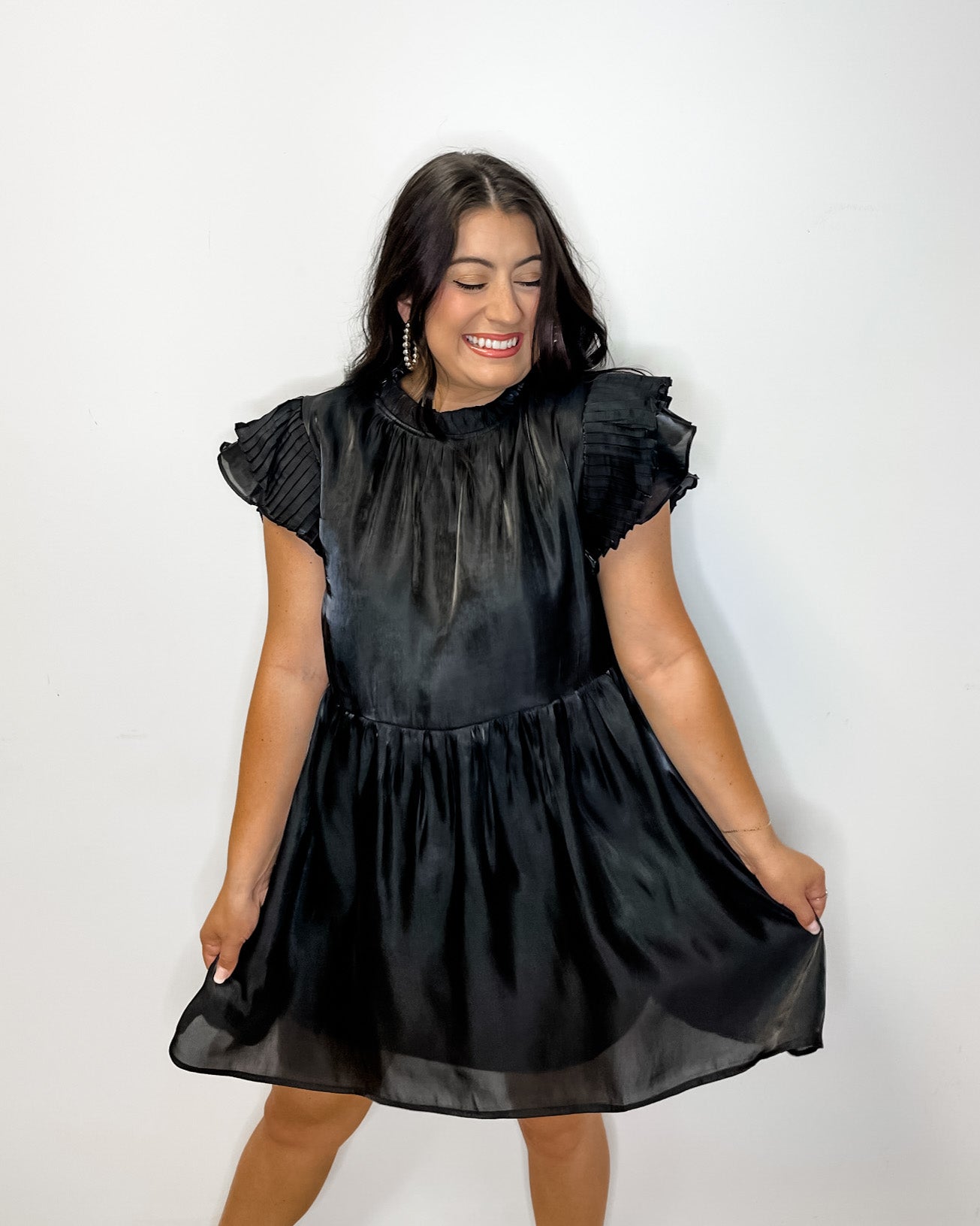 Black Satin Ruffle Sleeve Dress