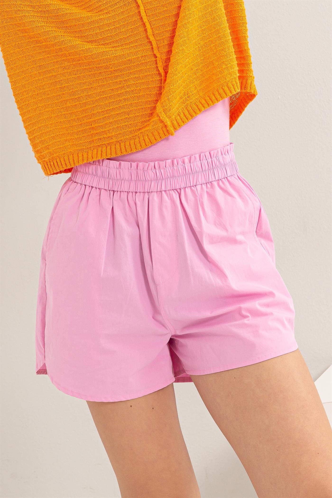 Pink Poplin Smock Waist Shorts