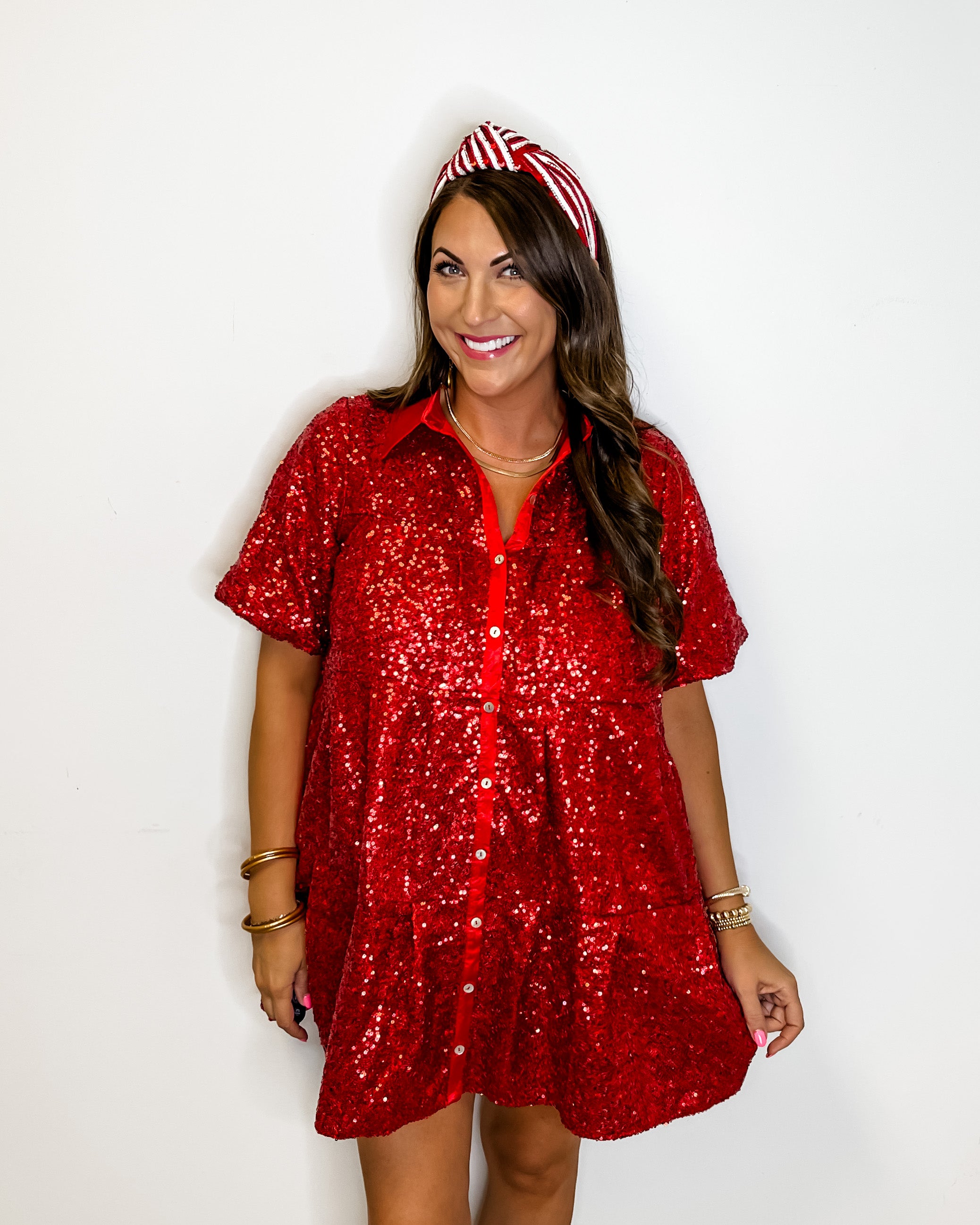 Red Sequin Button Dress