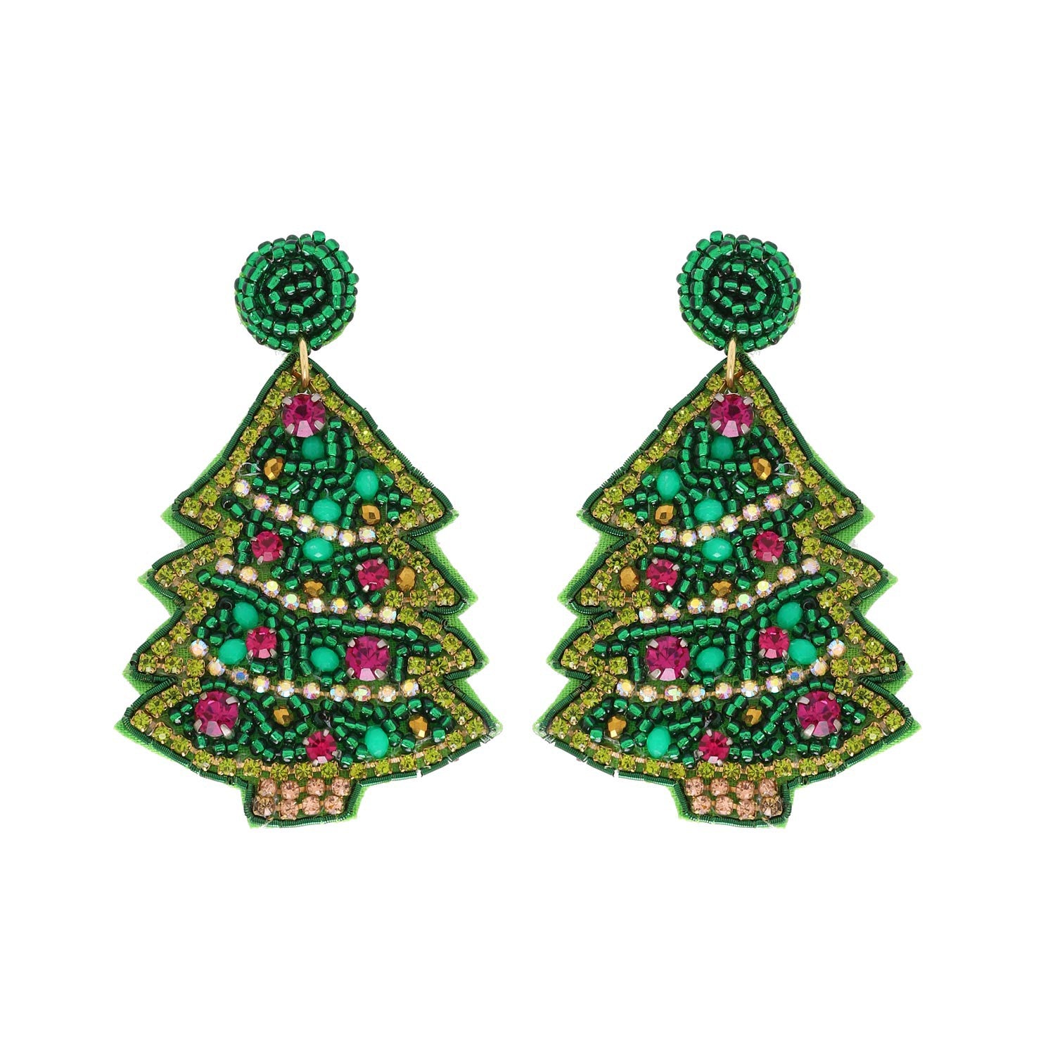 Green Pink Ornament Christmas Tree Earrings