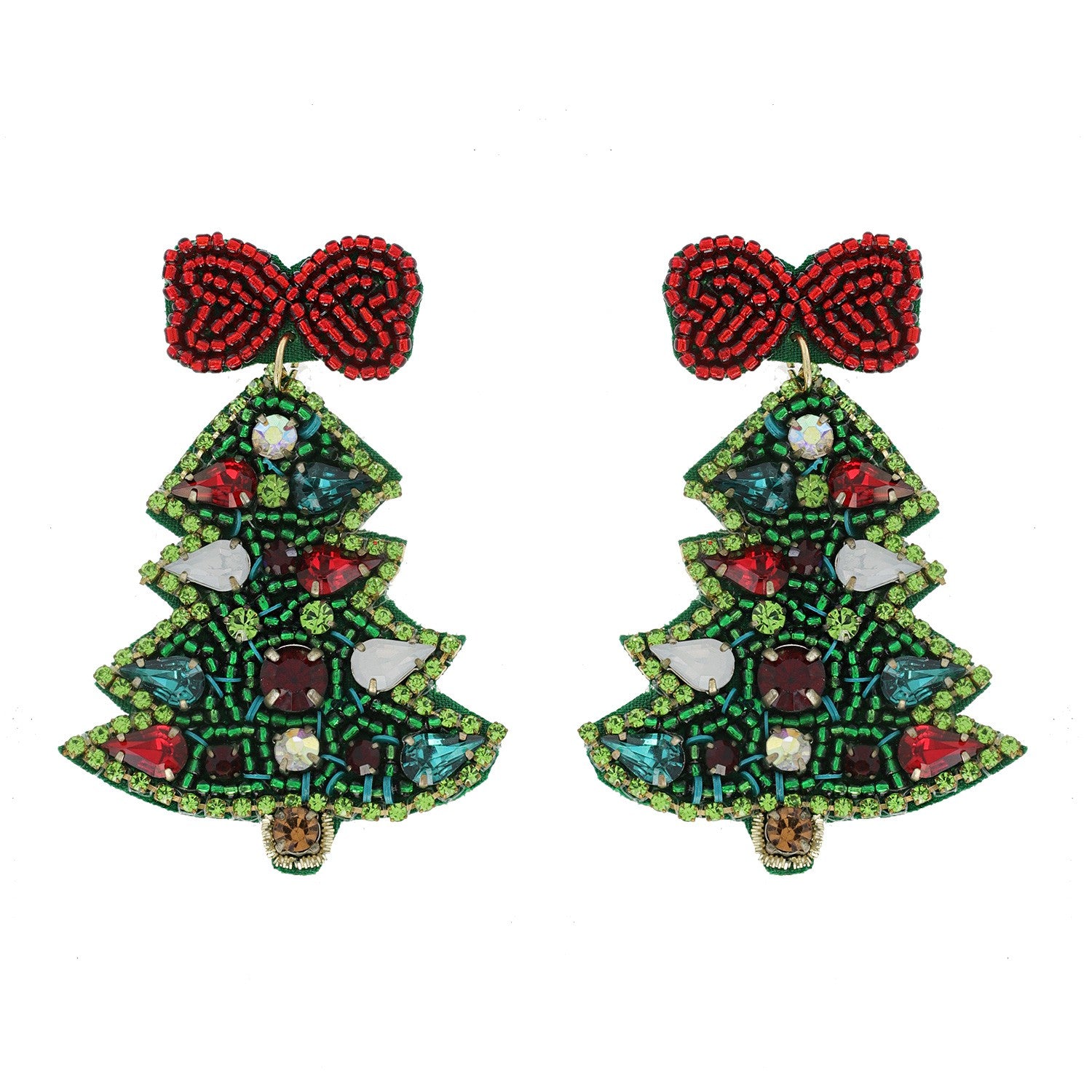 Christmas Tree Bow Beaded Earrings