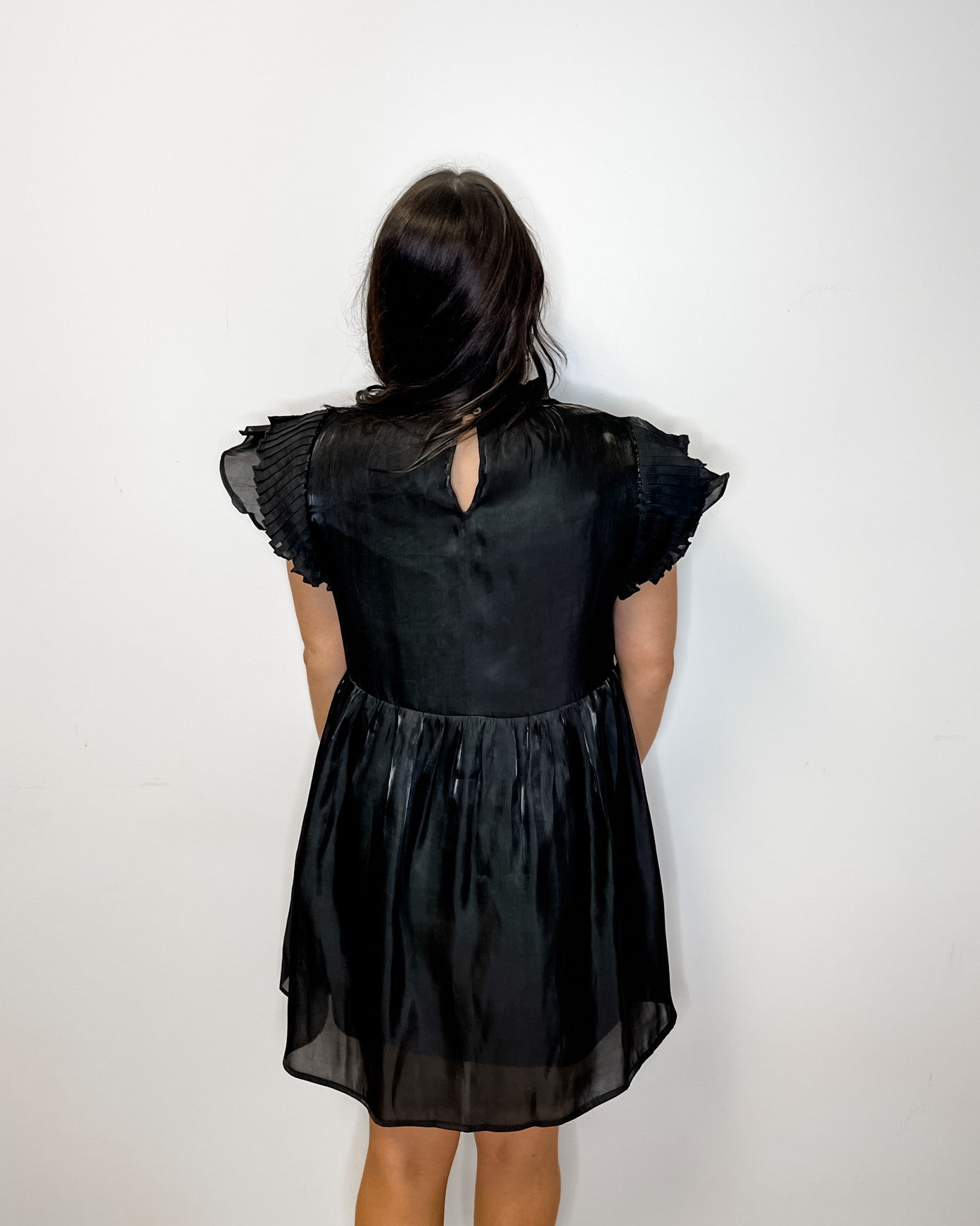 Black Satin Ruffle Sleeve Dress