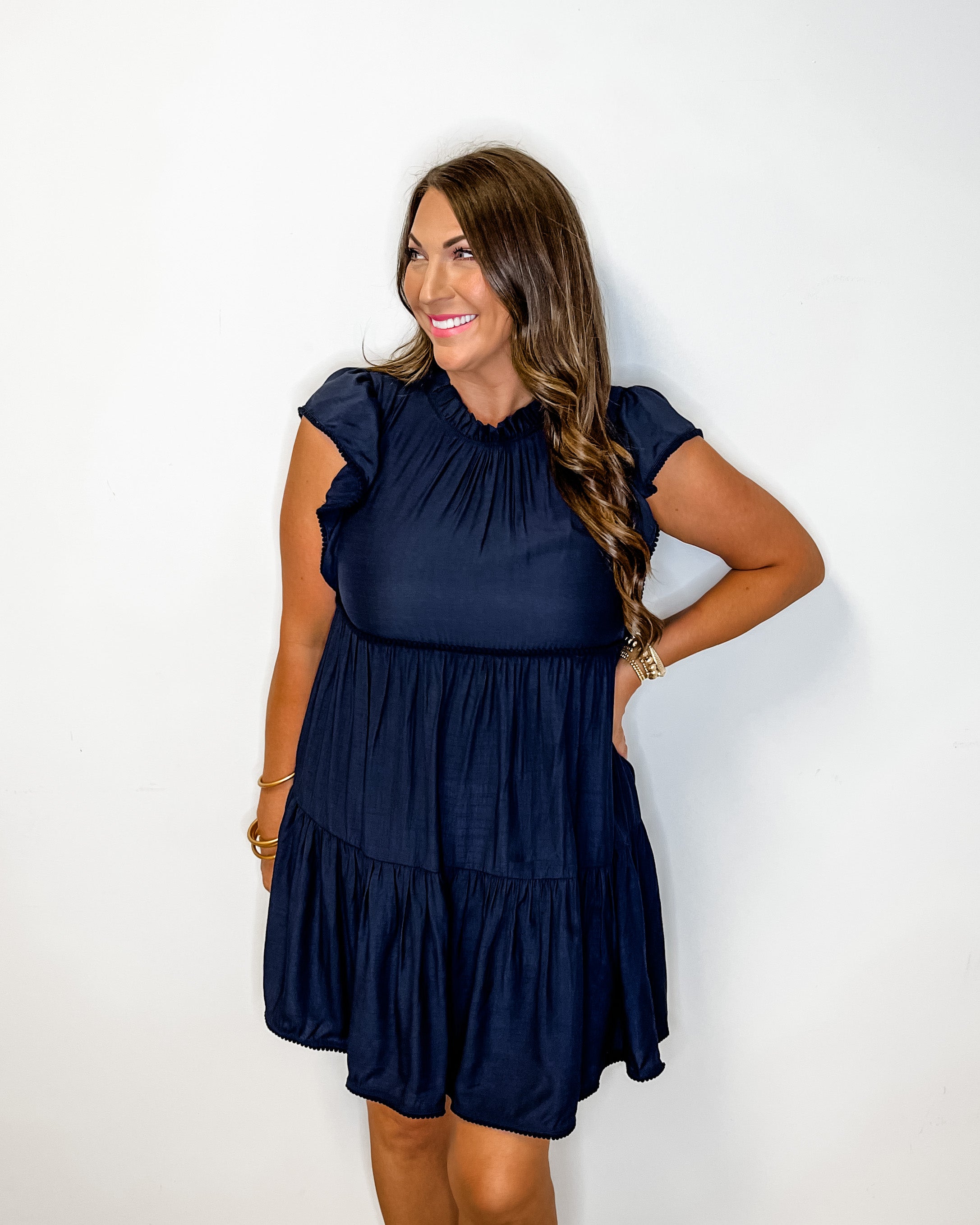 Navy Solid Shirring Tiered Dress