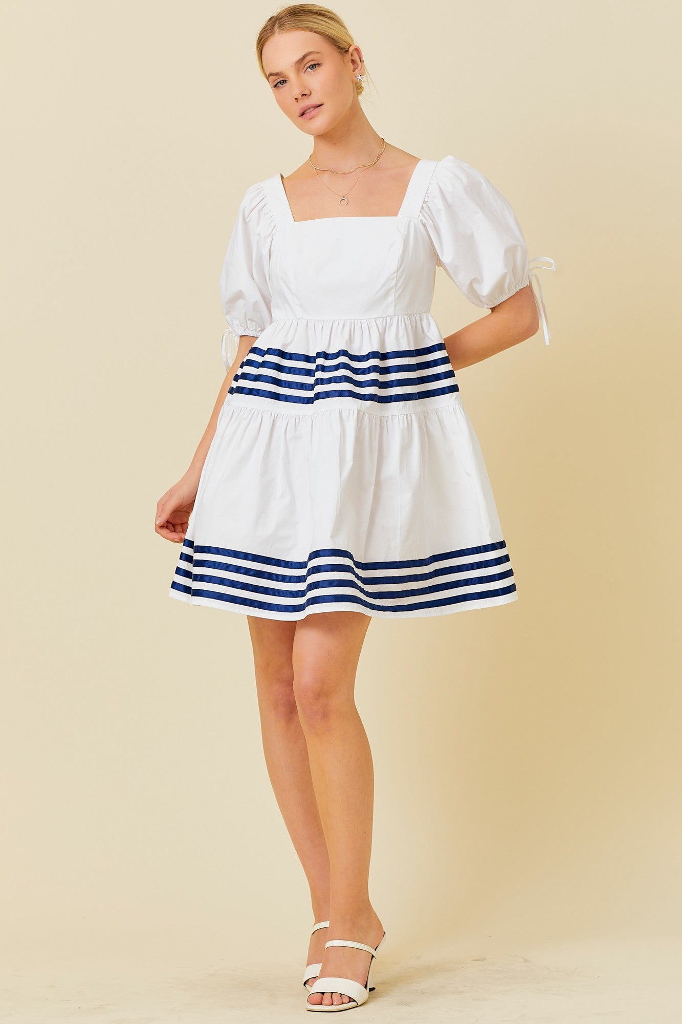 White Poplin Navy Ribbon Dress