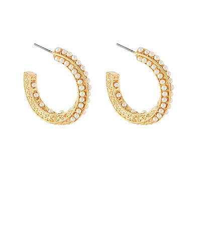 Gold Pearl Twisted Open Hoops