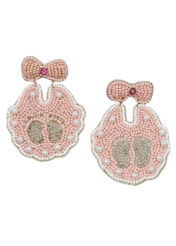 Pink Baby Bib With Footprint Bead Earrings