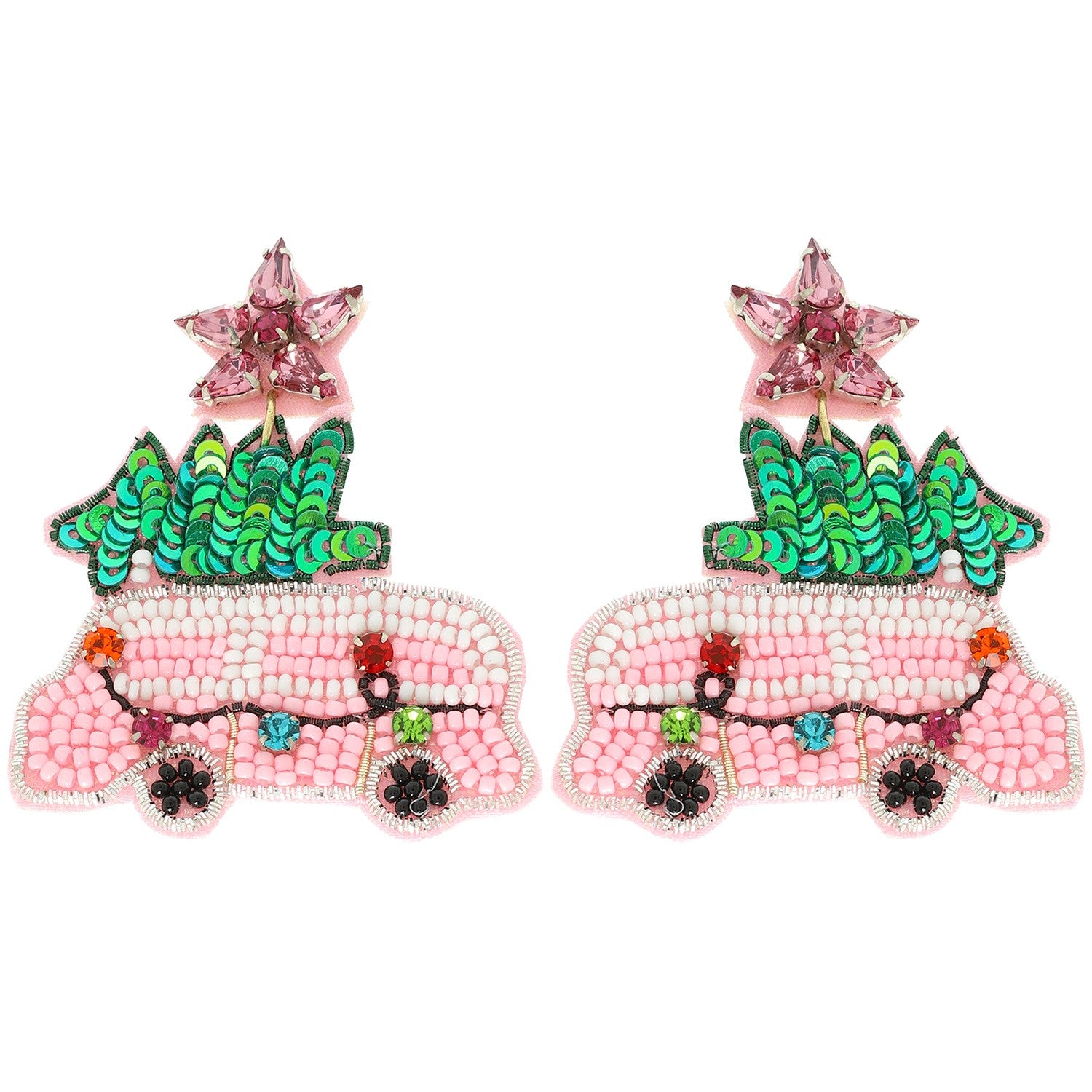 Pink Christmas Truck Beaded Earrings