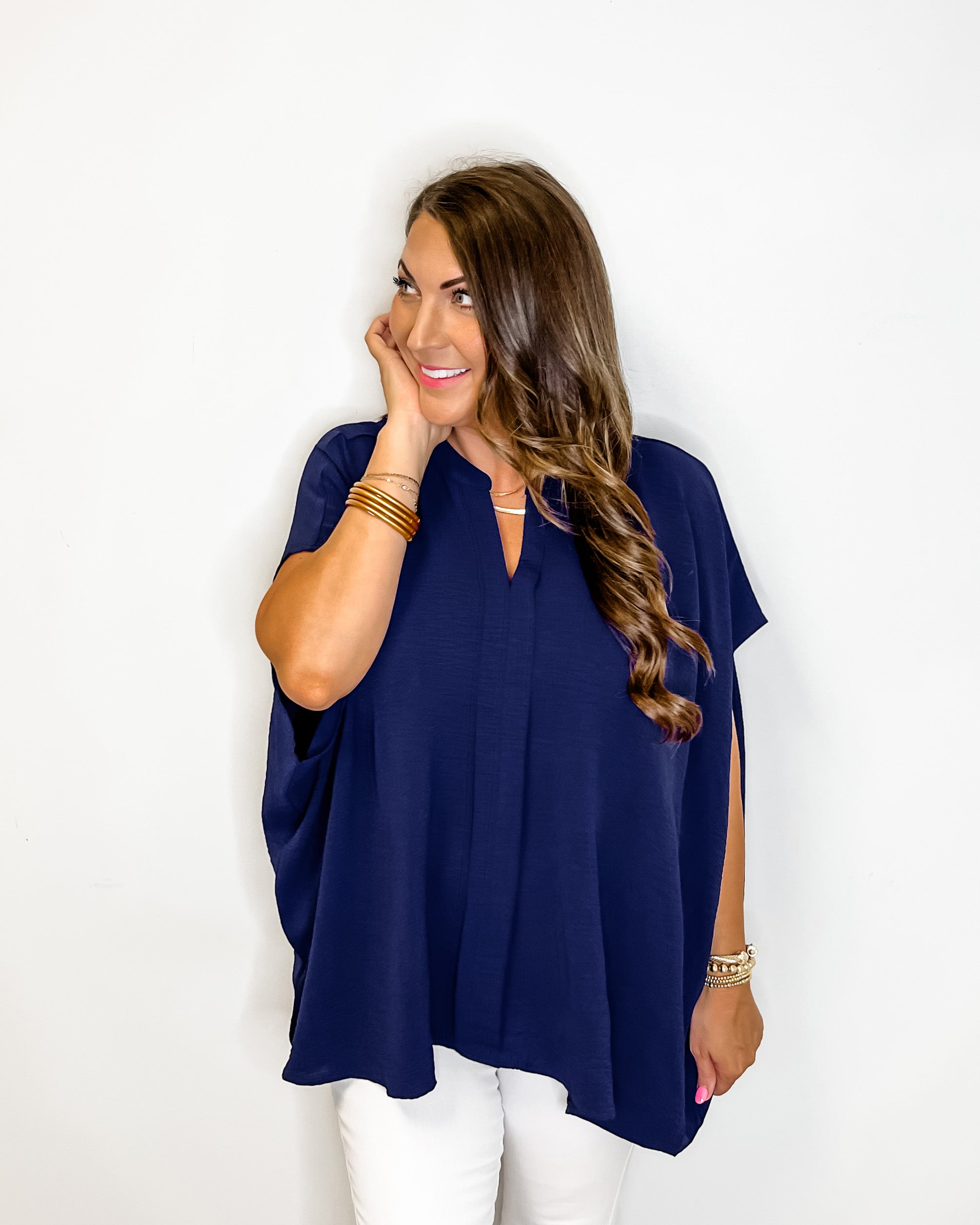 Navy Solid Flowy Top