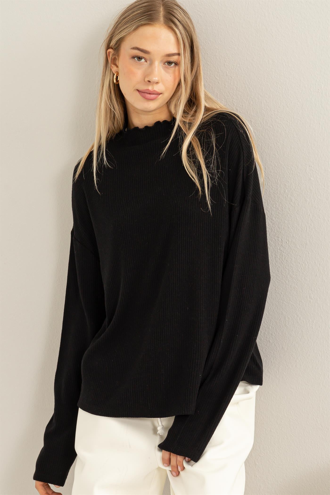 Black Ruffle High Neck Top