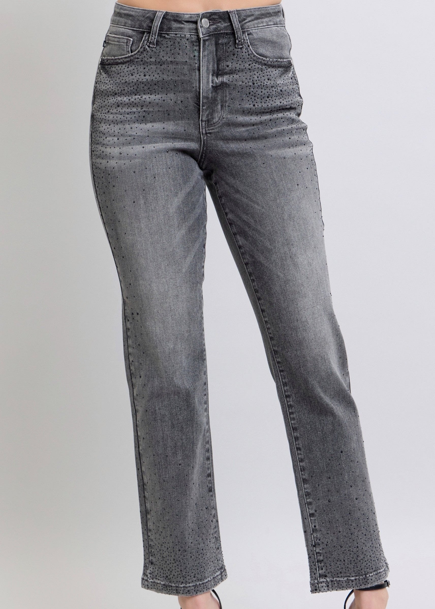 Grey Rhinestone Straight Jeans