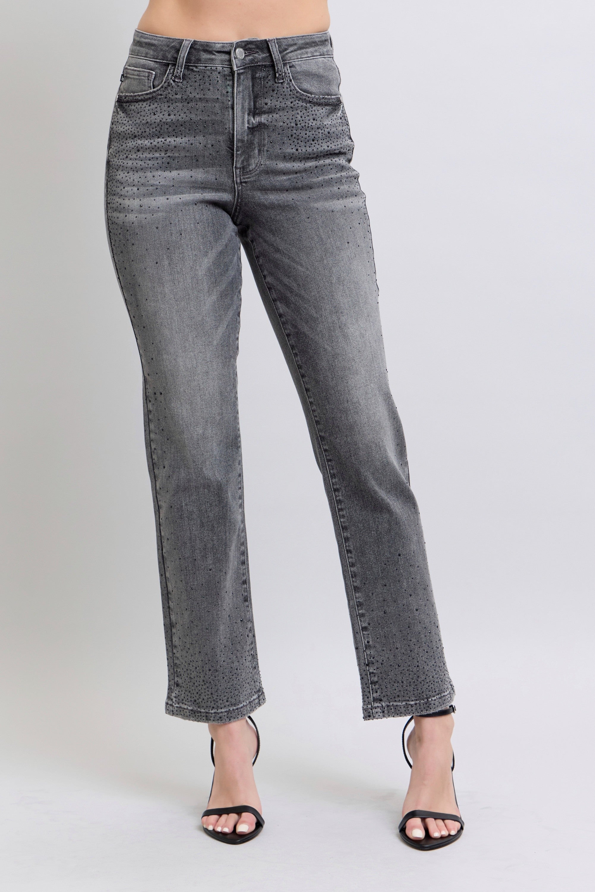 Grey Rhinestone Straight Jeans