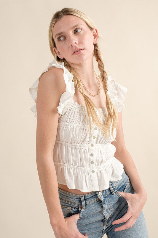 White Ruched Ruffle Crop Top
