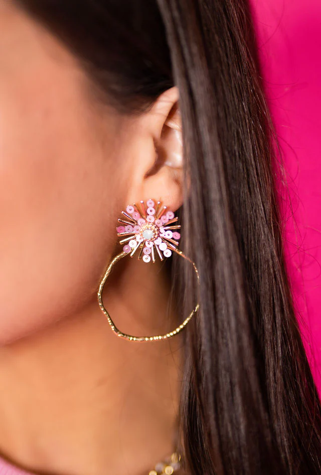 Pink Sequin Sunburst Hoop Earrings