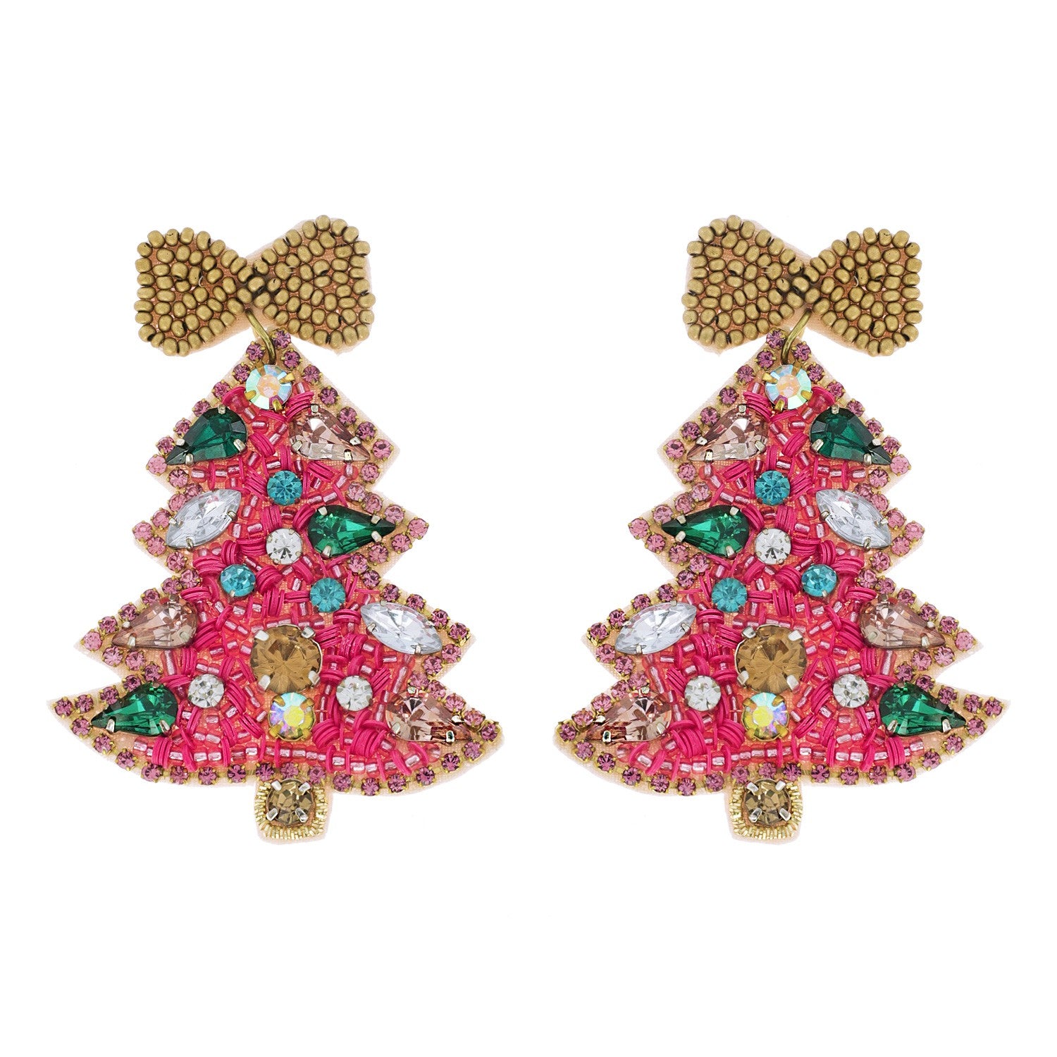 Christmas Tree Bow Beaded Earrings