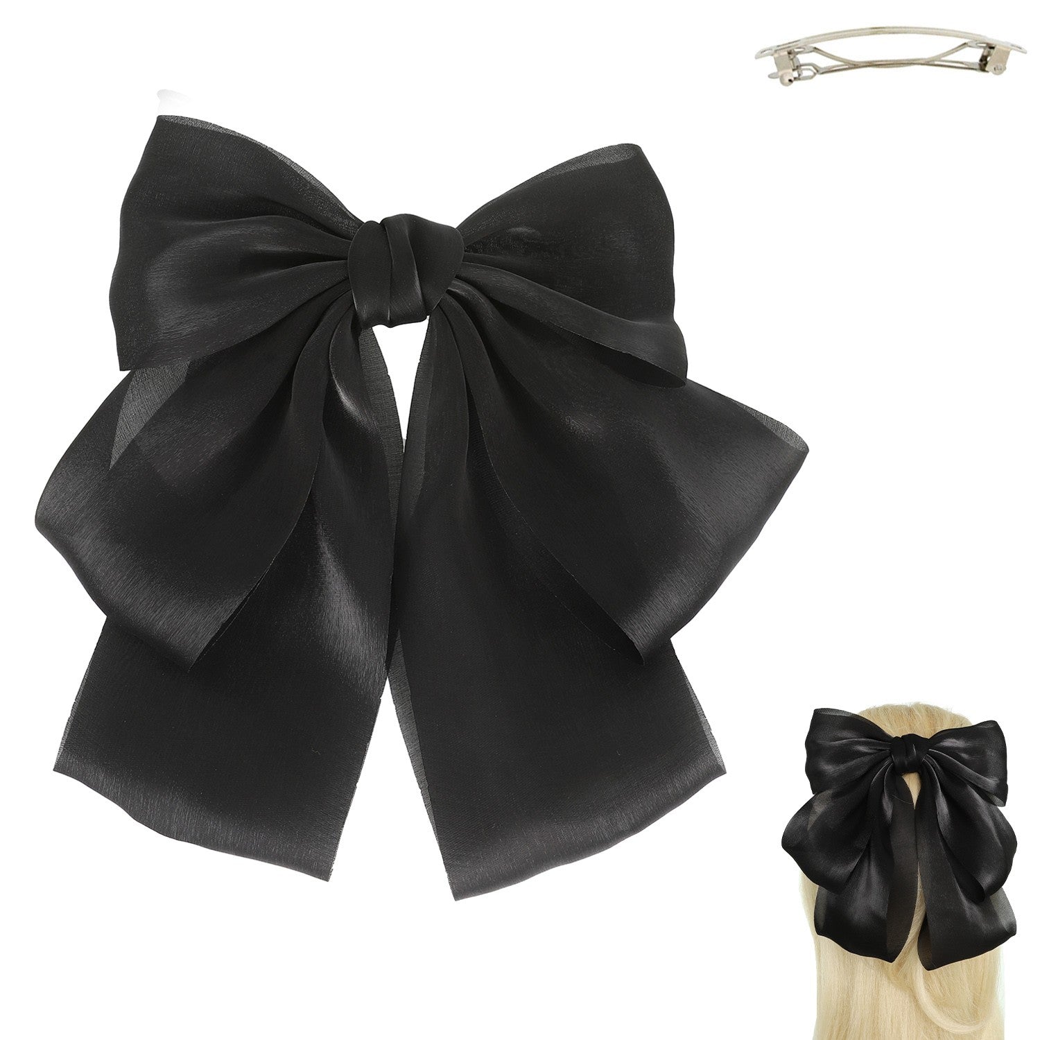 Black Oversize Sash Bow Barrette