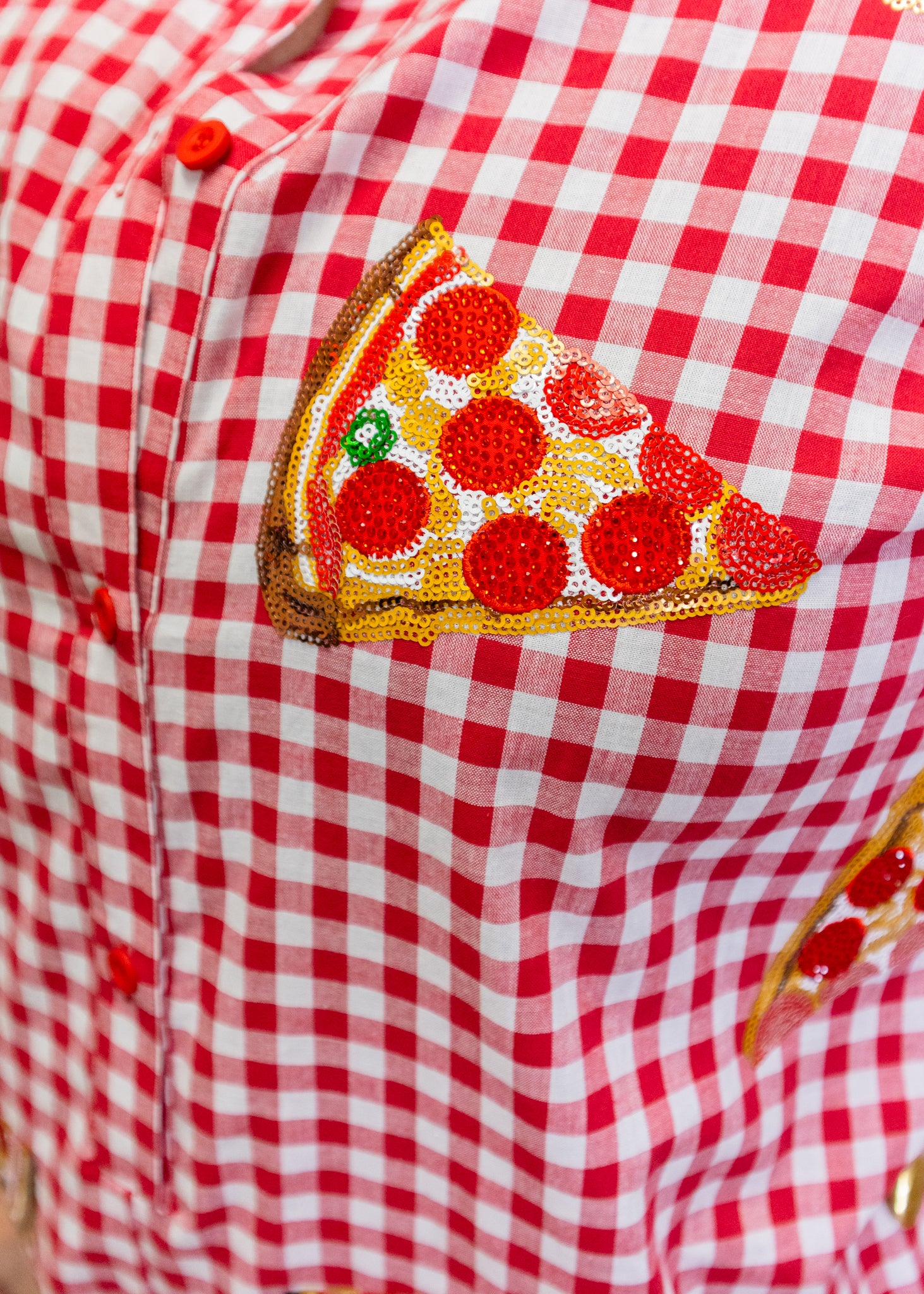 Red & White Checkered Pepperoni Pizza Long Sleeve Button Up Cotton Romper