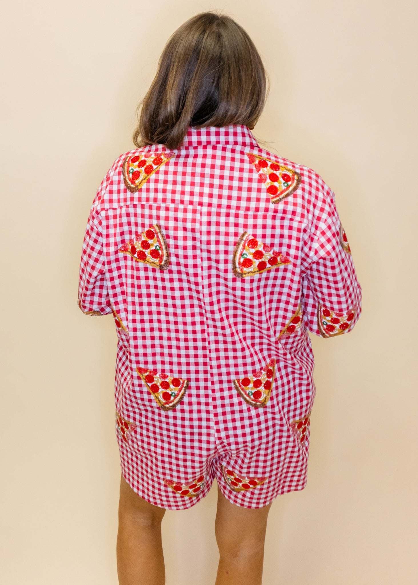 Red & White Checkered Pepperoni Pizza Long Sleeve Button Up Cotton Romper