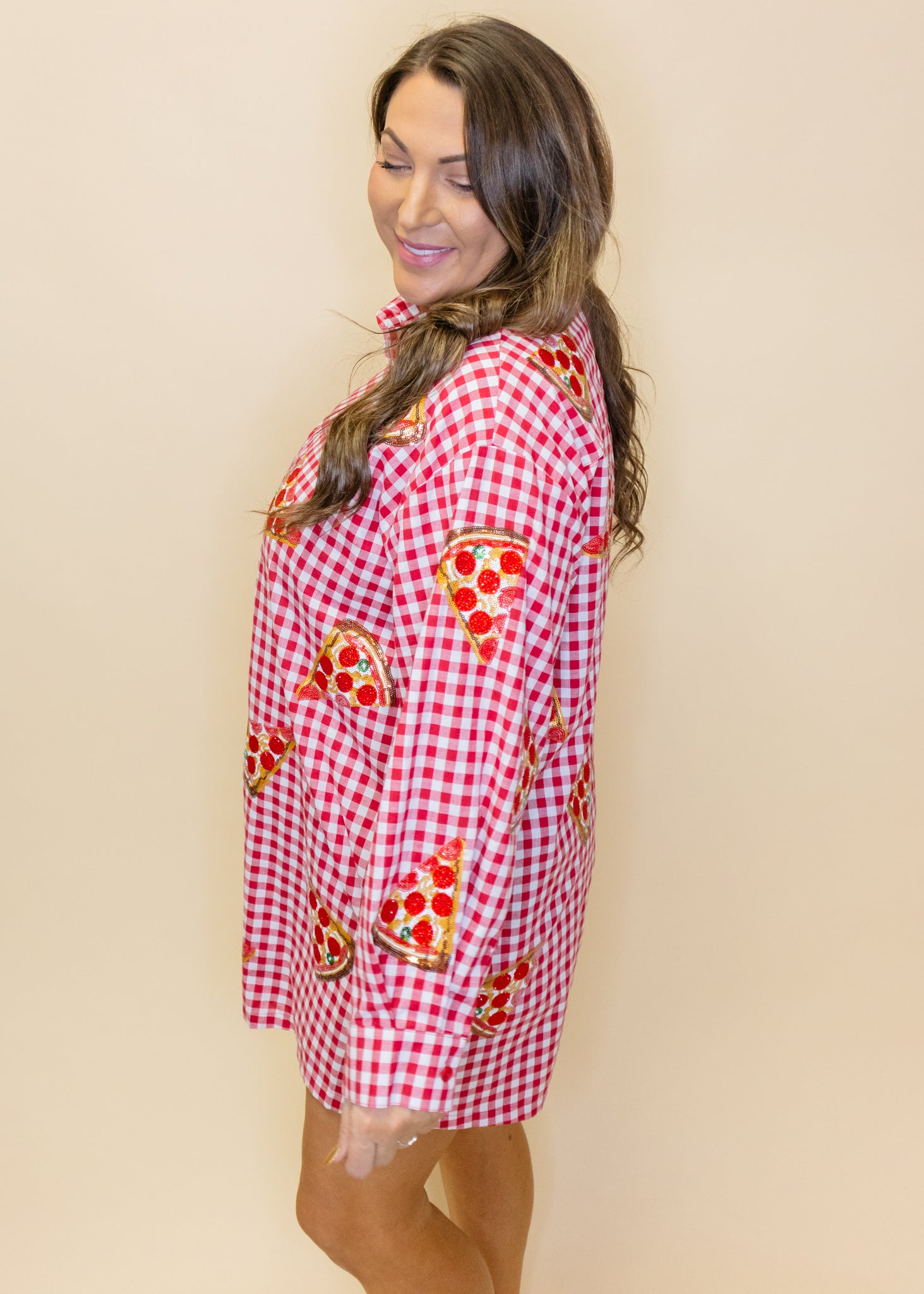 Red & White Checkered Pepperoni Pizza Long Sleeve Button Up Cotton Romper