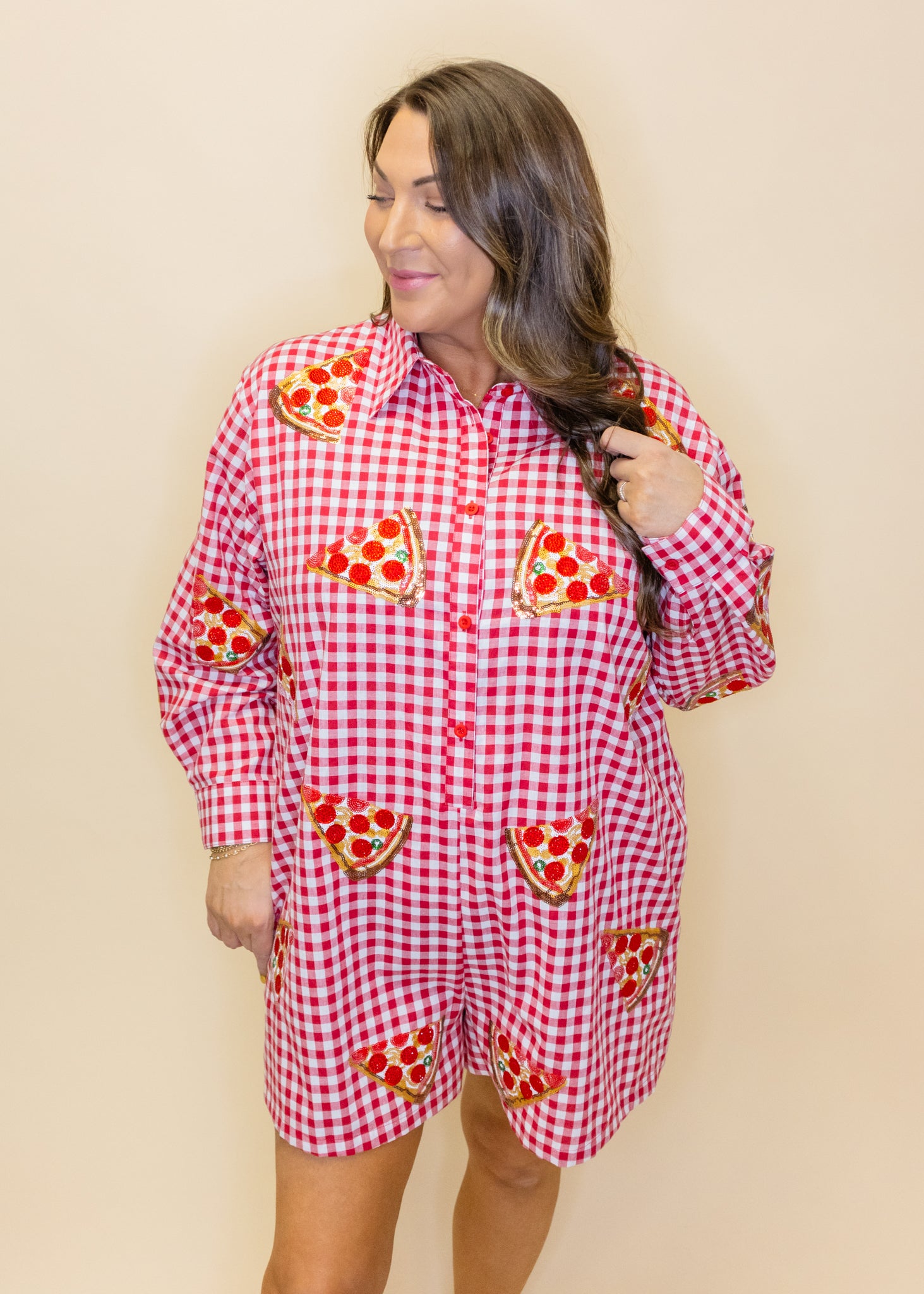 Red & White Checkered Pepperoni Pizza Long Sleeve Button Up Cotton Romper
