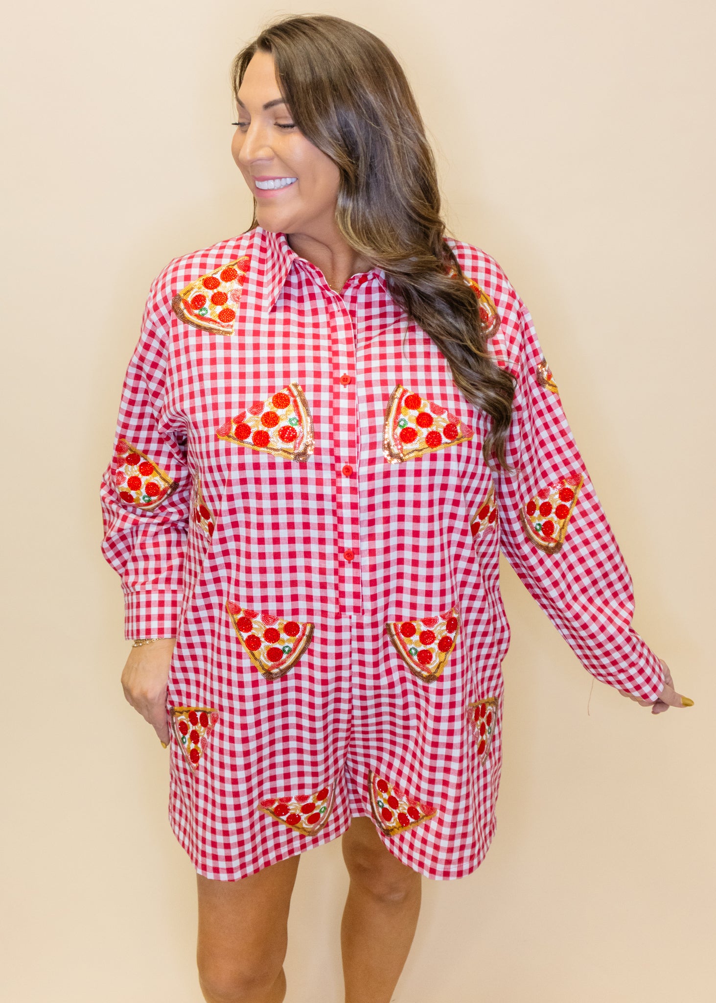 Red & White Checkered Pepperoni Pizza Long Sleeve Button Up Cotton Romper