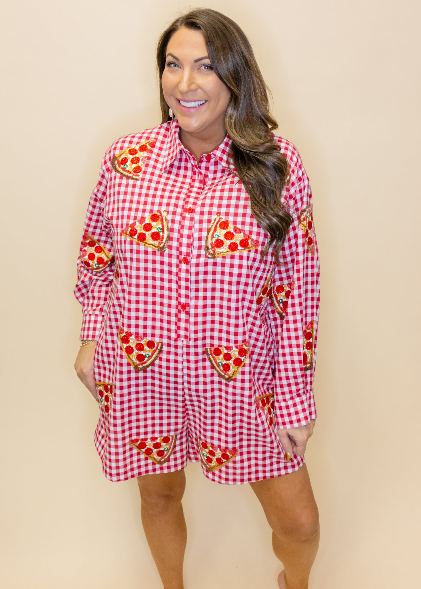 Red & White Checkered Pepperoni Pizza Long Sleeve Button Up Cotton Romper