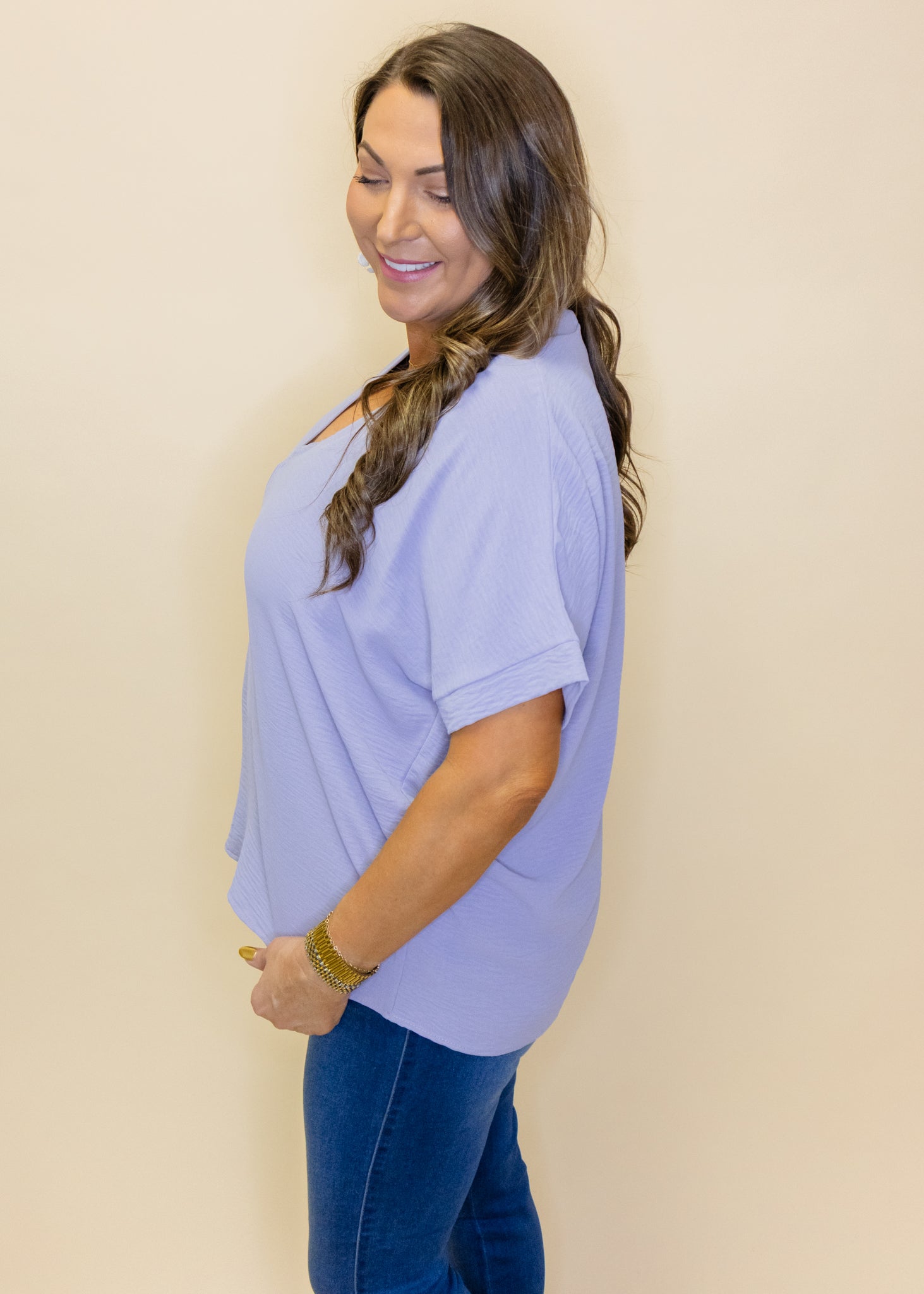 Lavender Solid V-Neck Top