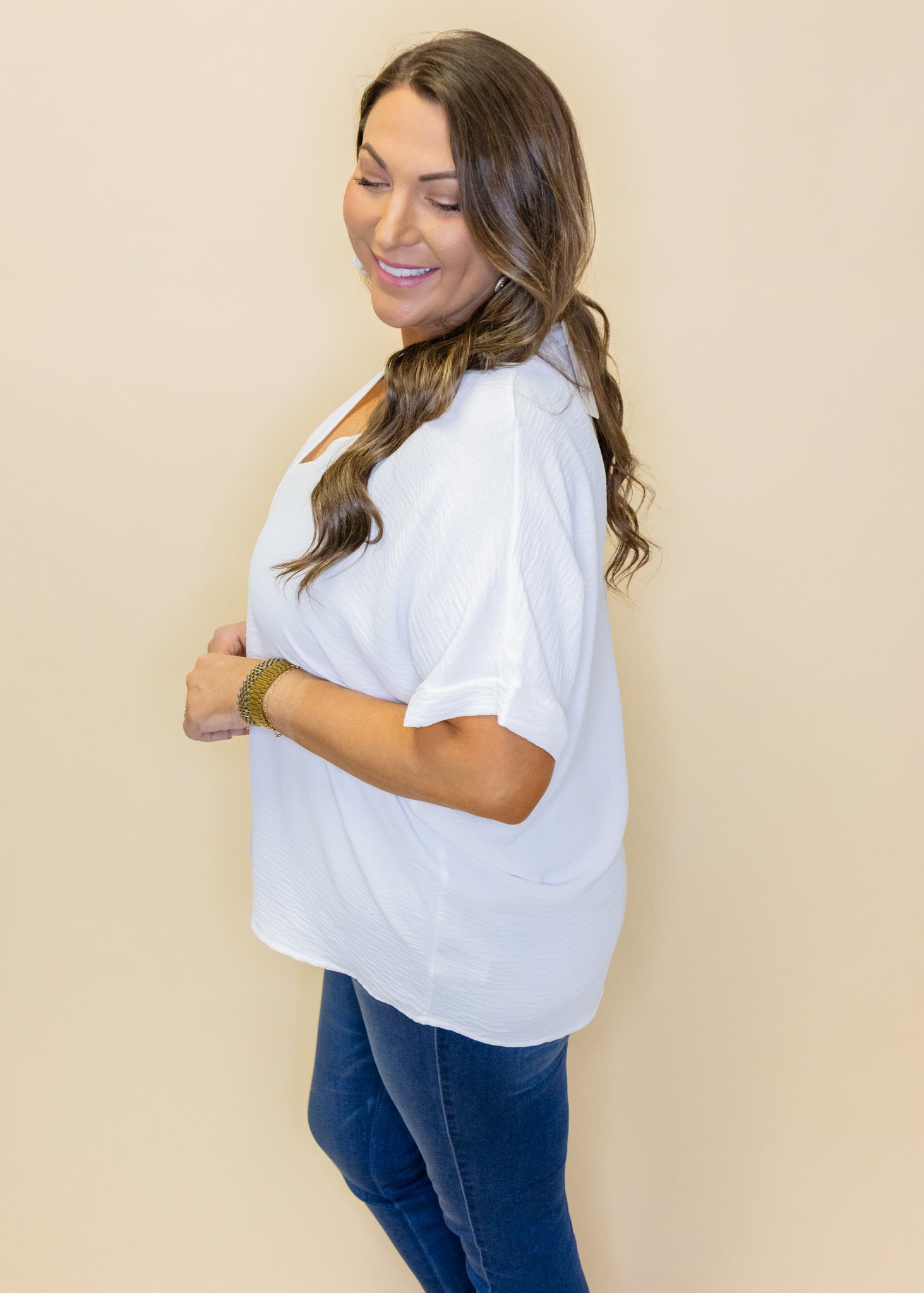 White Solid V-Neck Top