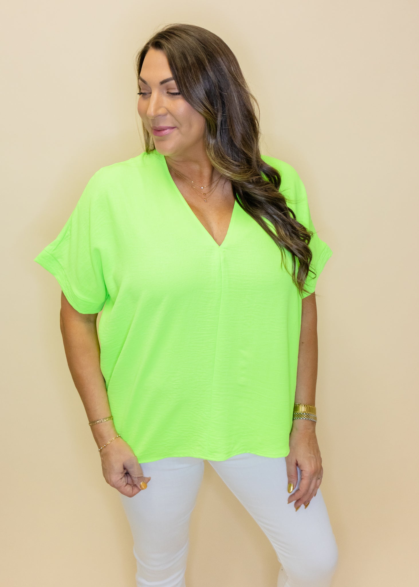 Neon Lime Solid V-Neck Top