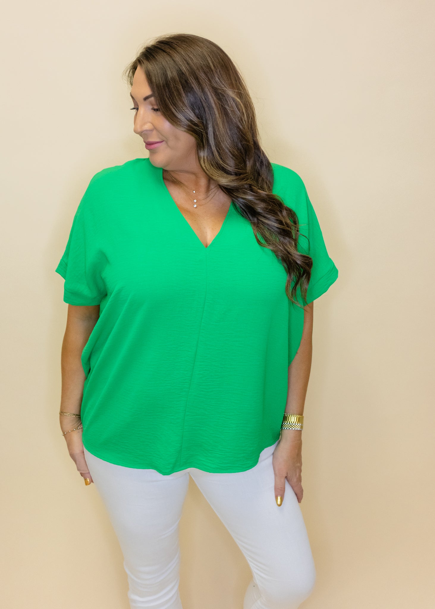 Kelly Green Solid V-Neck Top